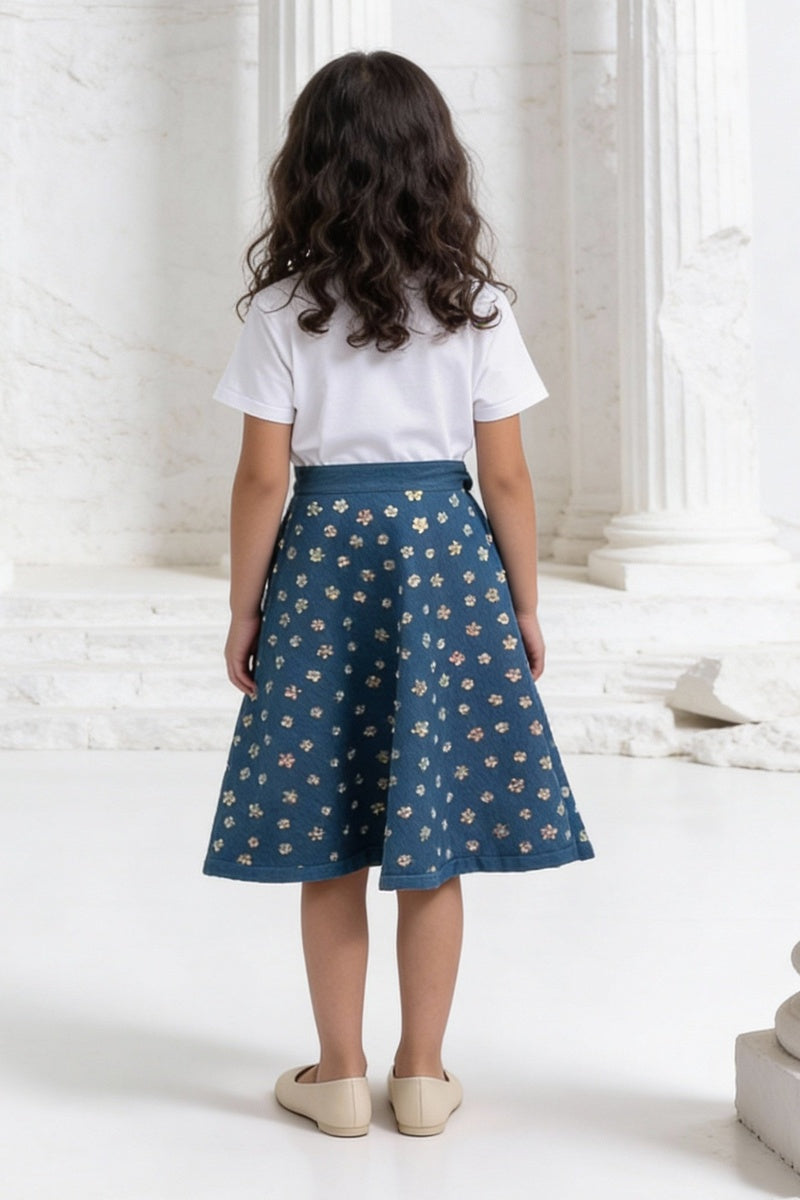 White Embroidered T-Shirt with Demin Skirt