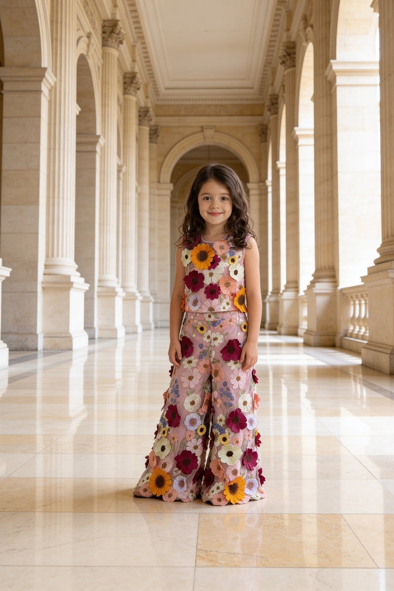 Pink 3D Flower Top with Plazzo