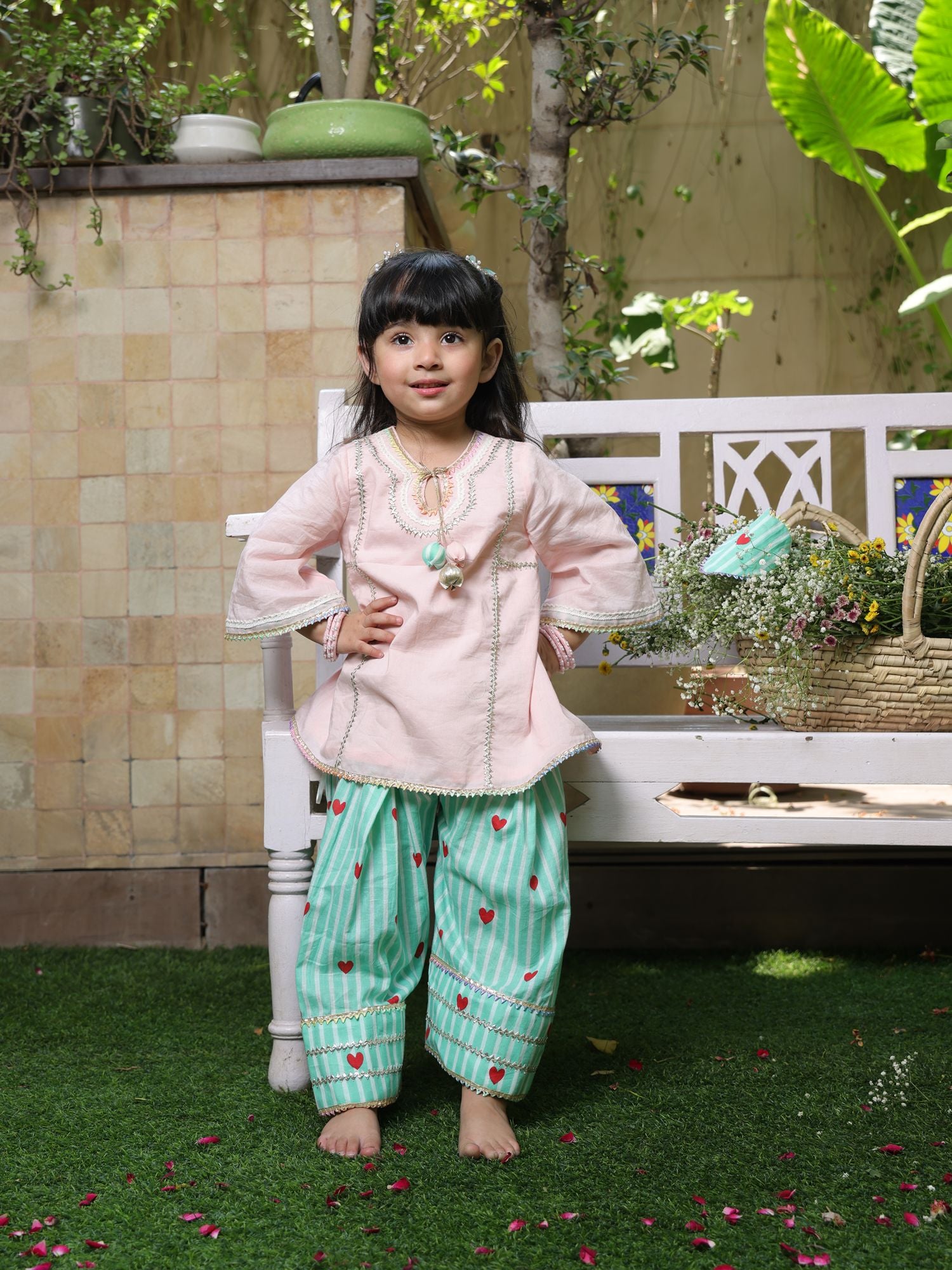 Peach Kurti with Printed Farshi Salwar