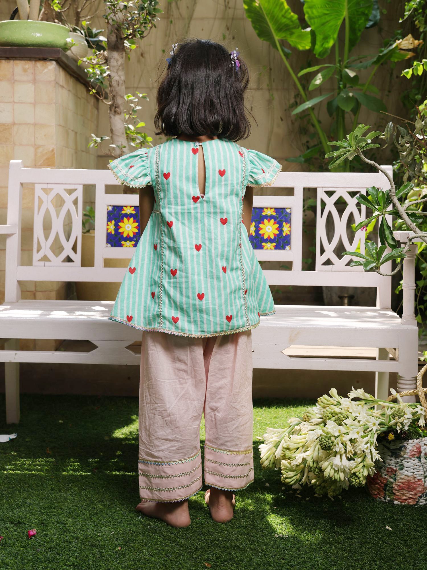 Green Printed Kurti with Peach Farshi Salwar