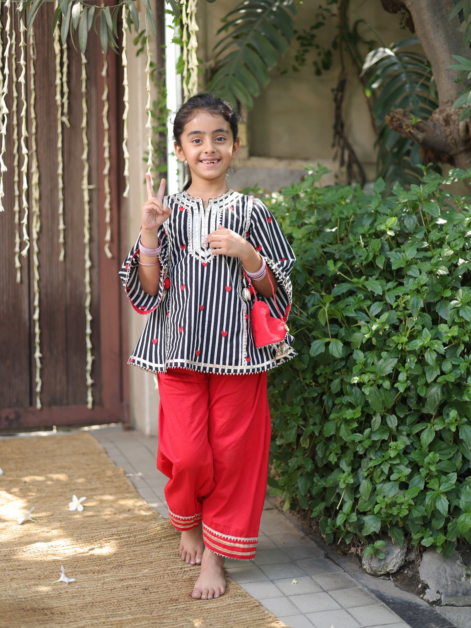 Printed Kurti with Red Farshi Salwar