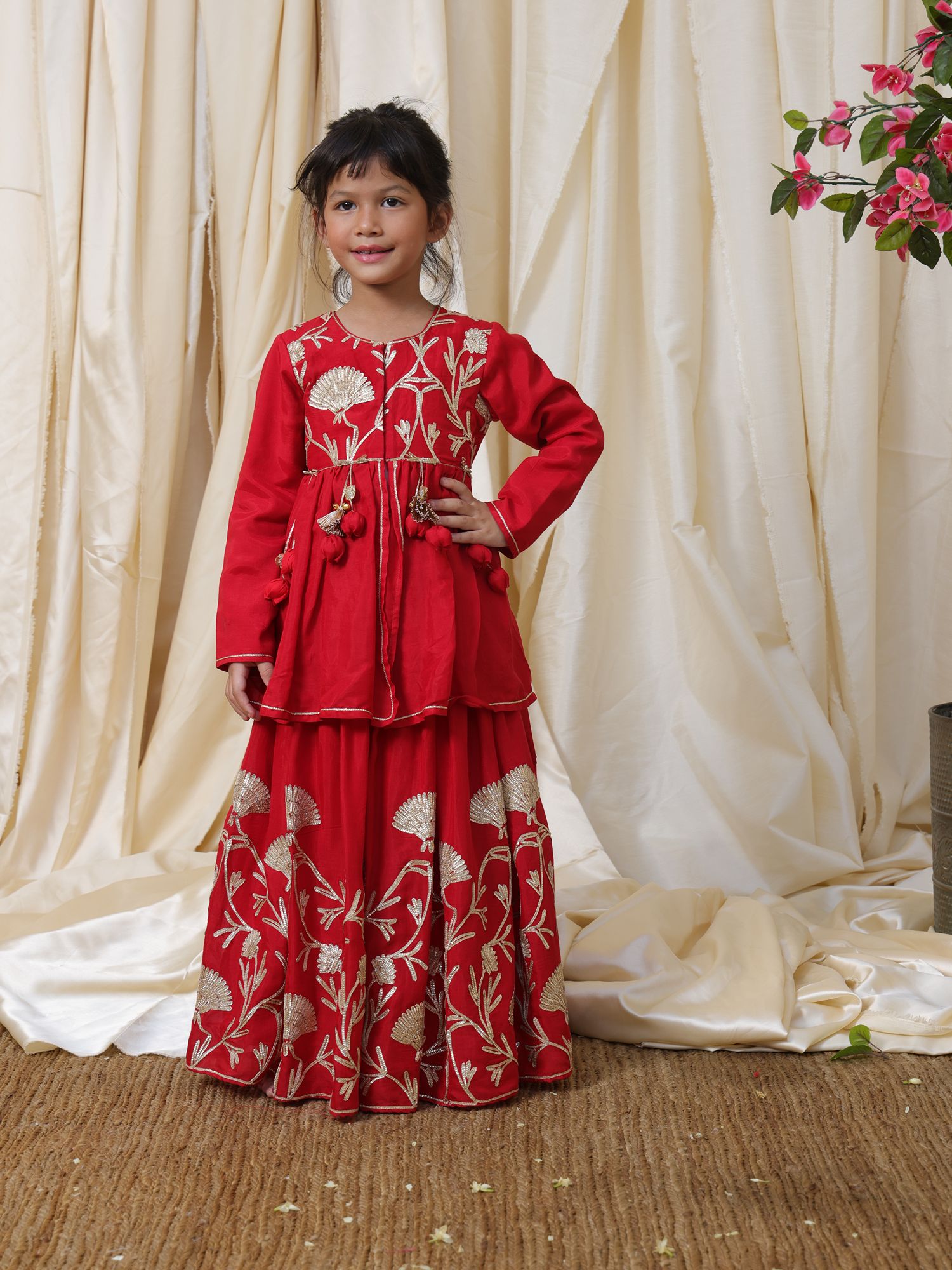 Red Gota Embroidered Kurti Lehenga Set