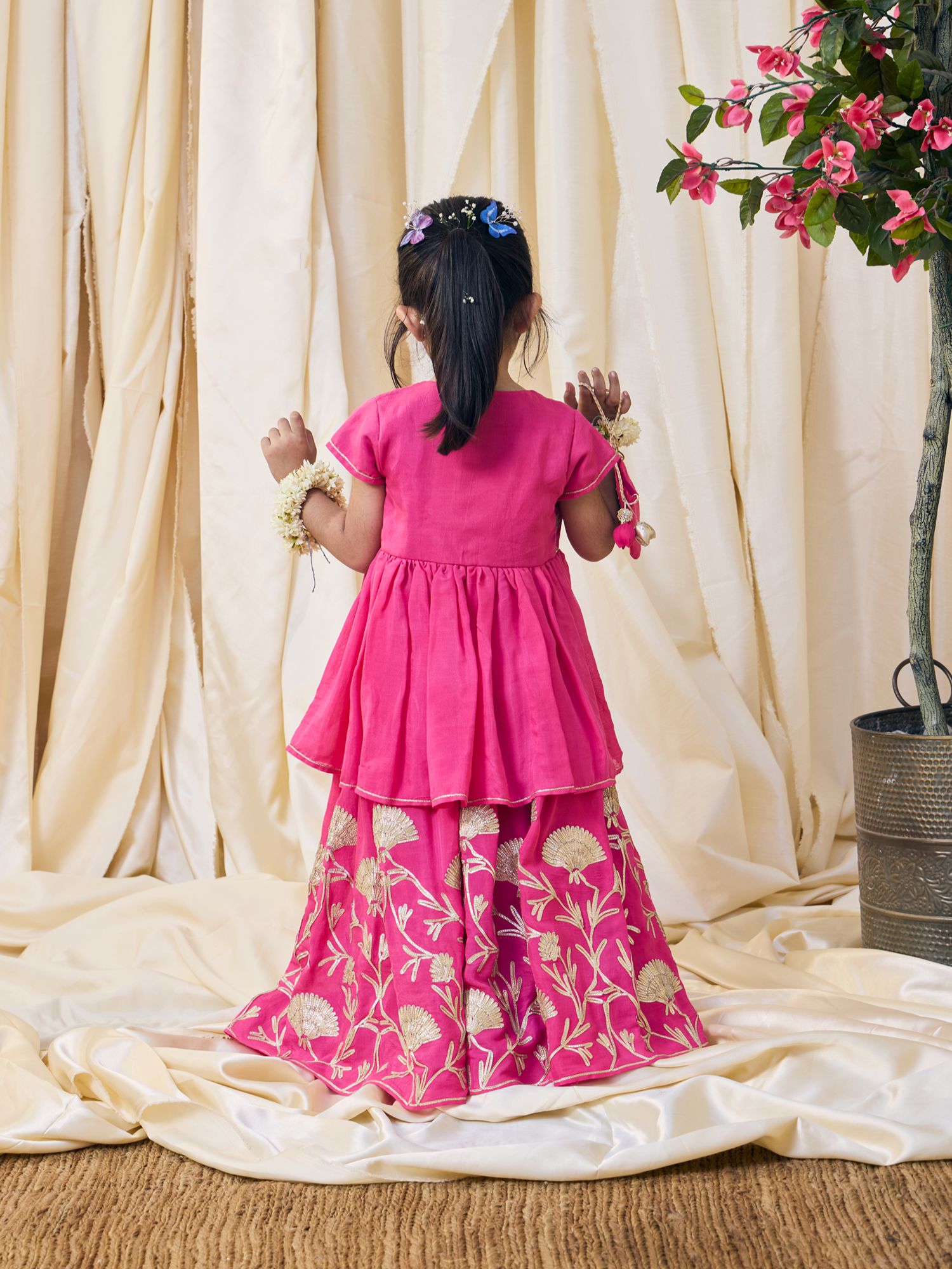Pink Gota Embroidered Kurti Lehenga Set