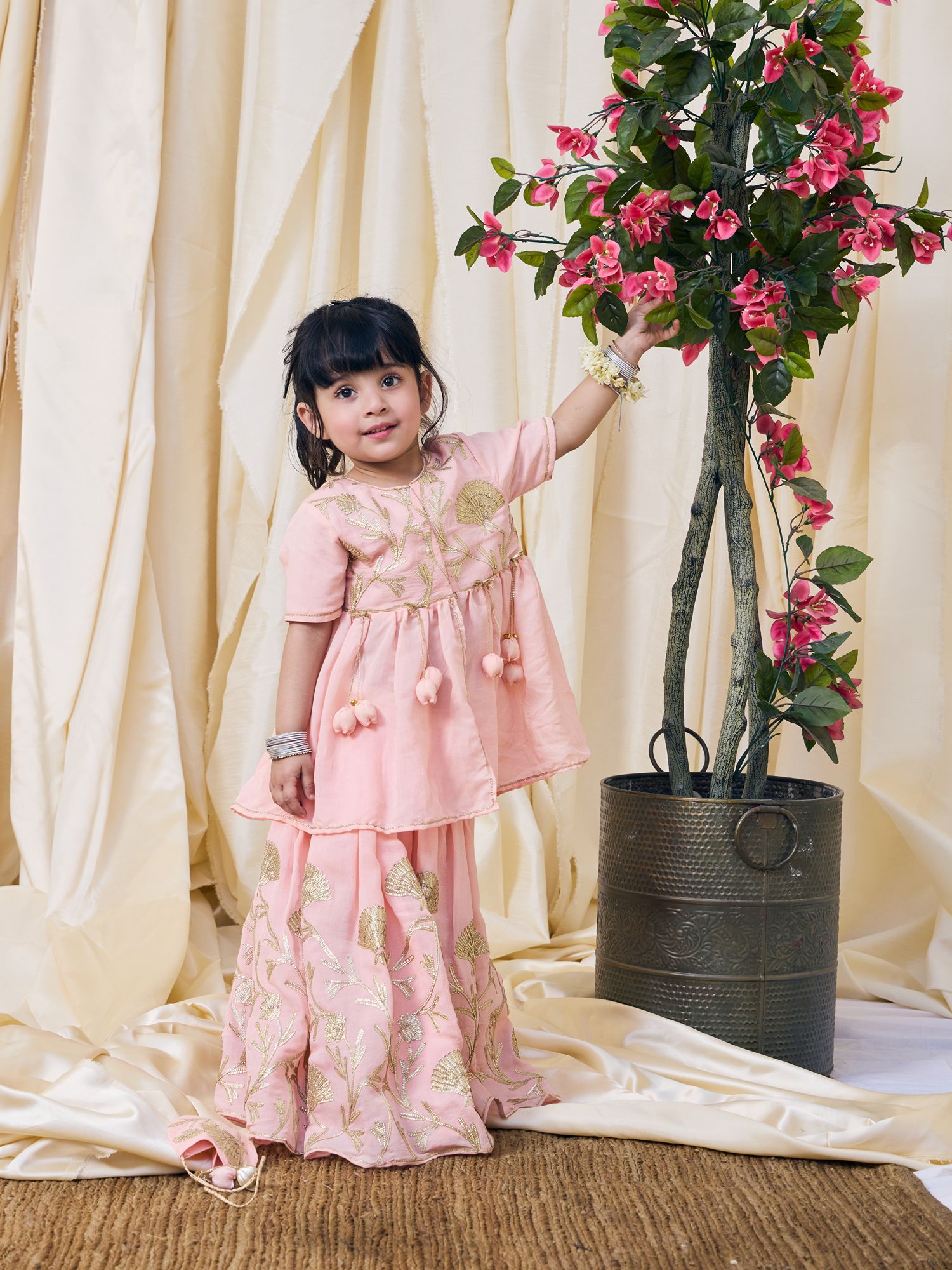 Peach Gota Embroidered Kurti Lehenga Set