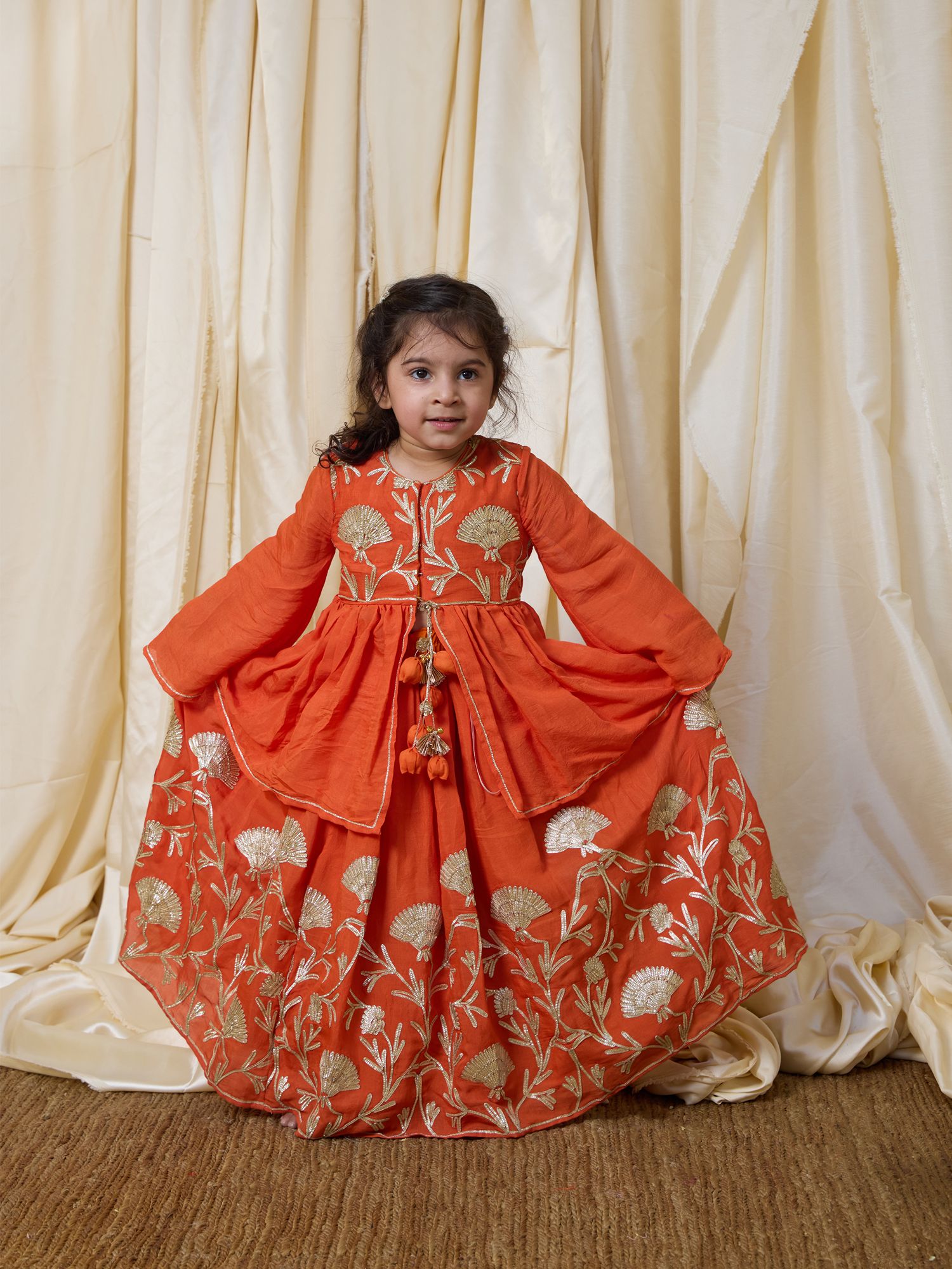 Orange Gota Embroidered Kurti Lehenga Set