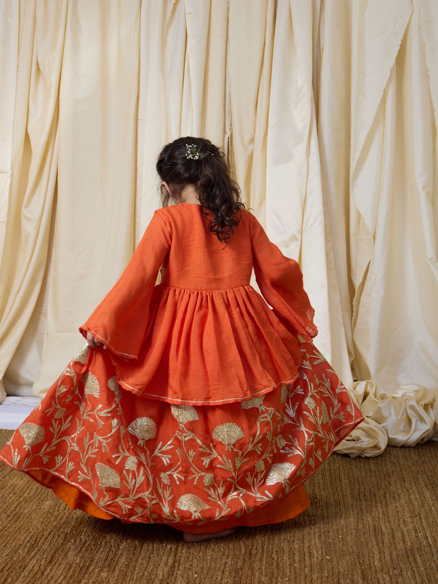 Orange Gota Embroidered Kurti Lehenga Set