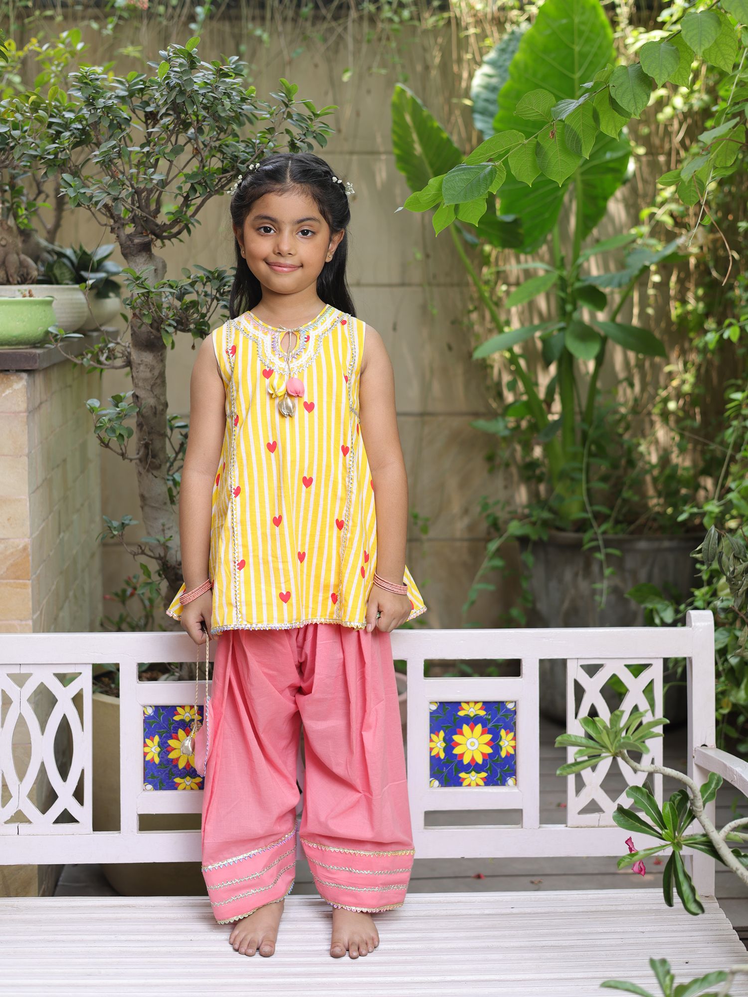 Yellow Printed Kurti with Coral Farshi Salwar