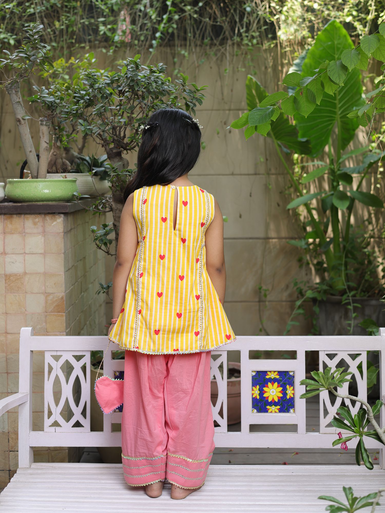 Yellow Printed Kurti with Coral Farshi Salwar