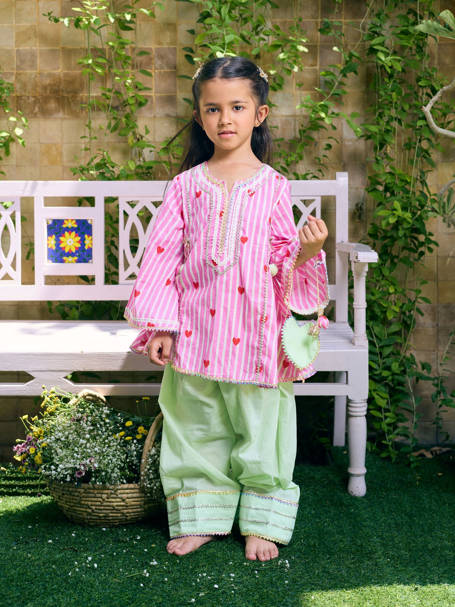 Pink Printed Kurti with Green Farshi Salwar