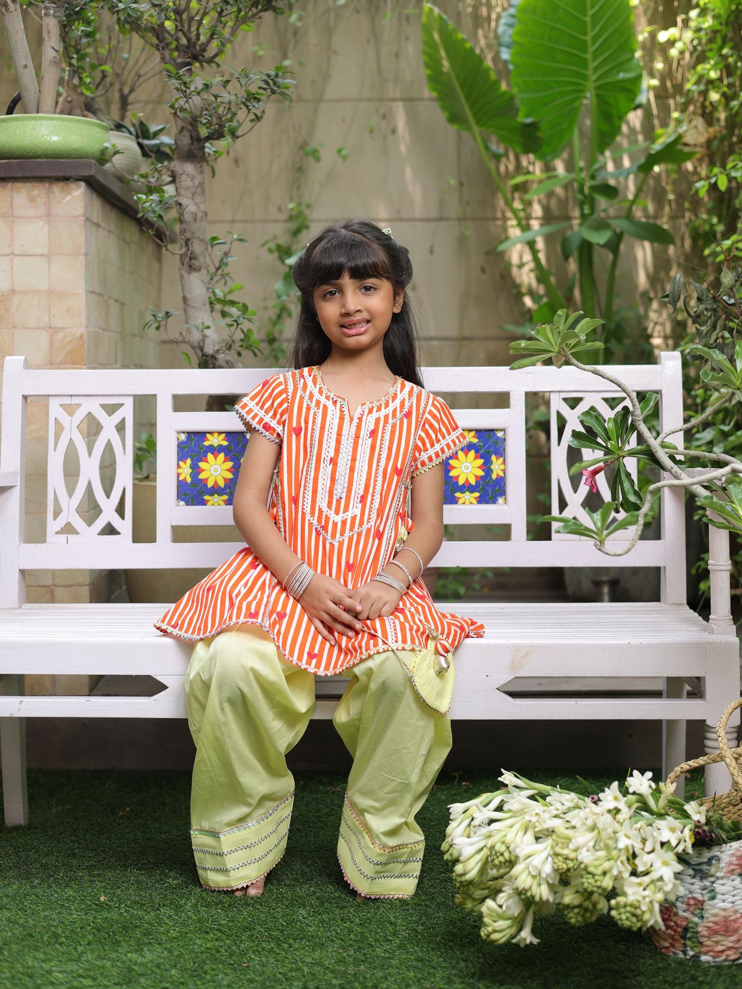 Orange Printed Kurti with Yellow Farshi Salwar