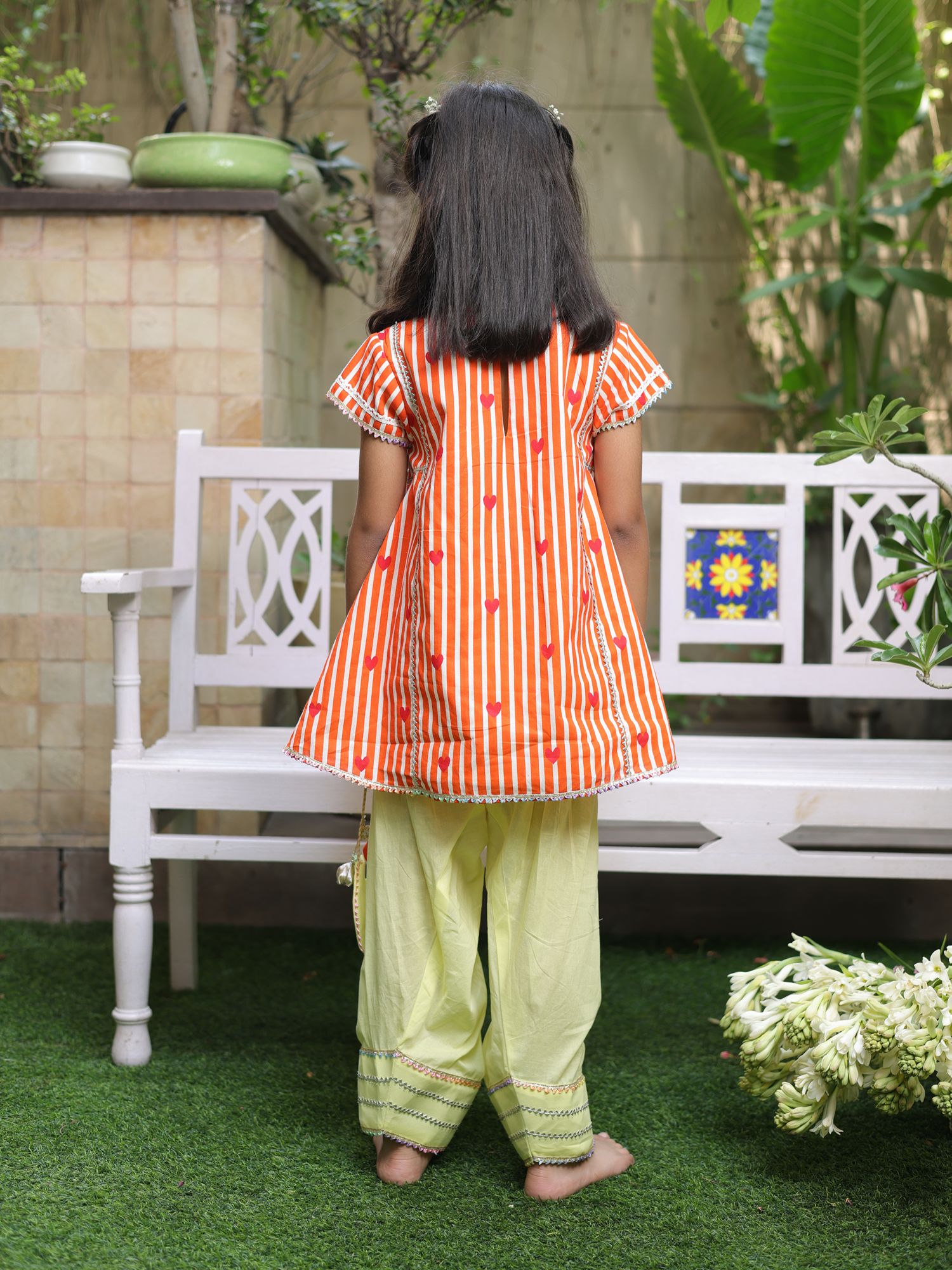 Orange Printed Kurti with Yellow Farshi Salwar