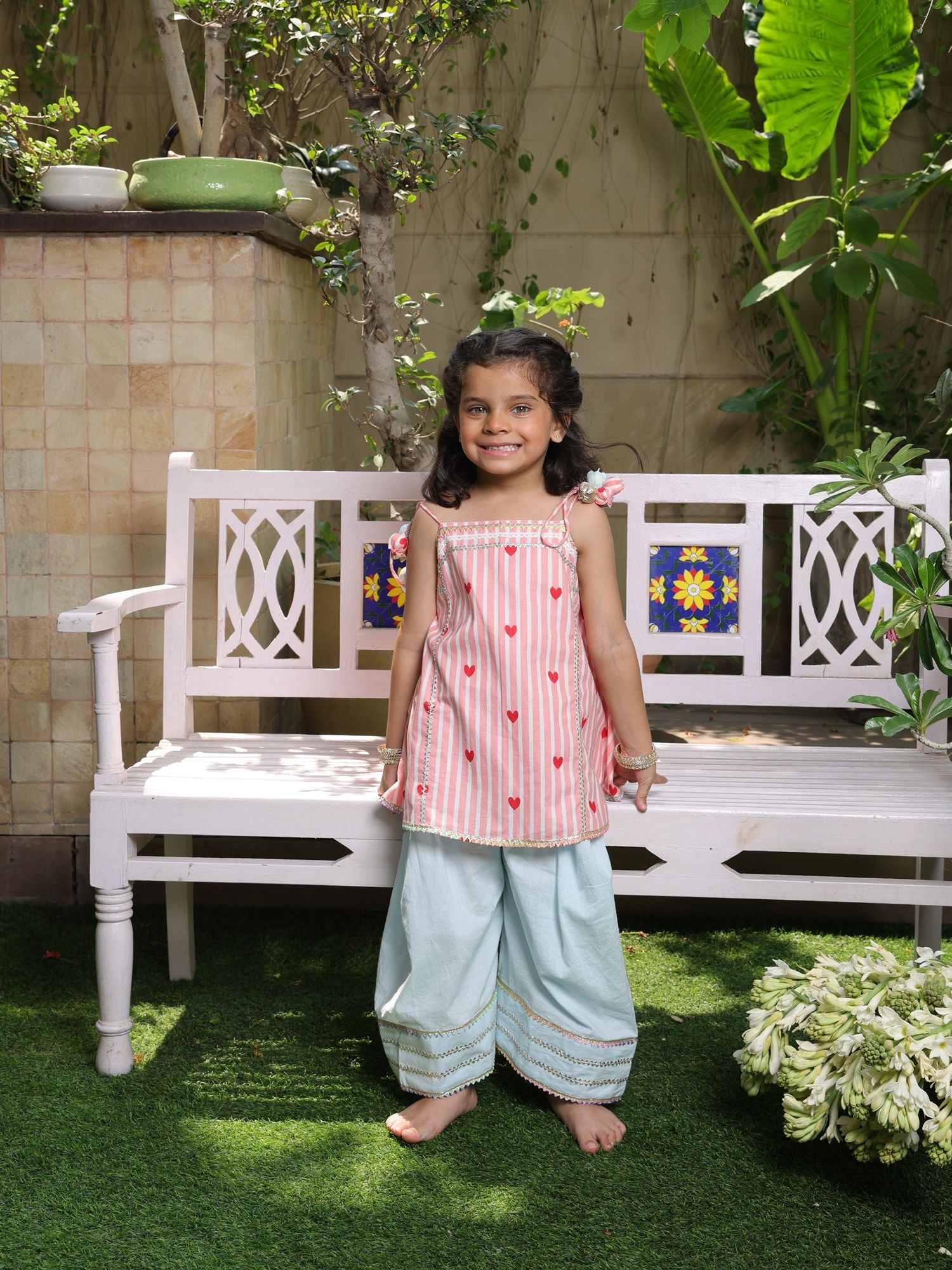Peach Printed Kurti with Blue Farshi Salwar