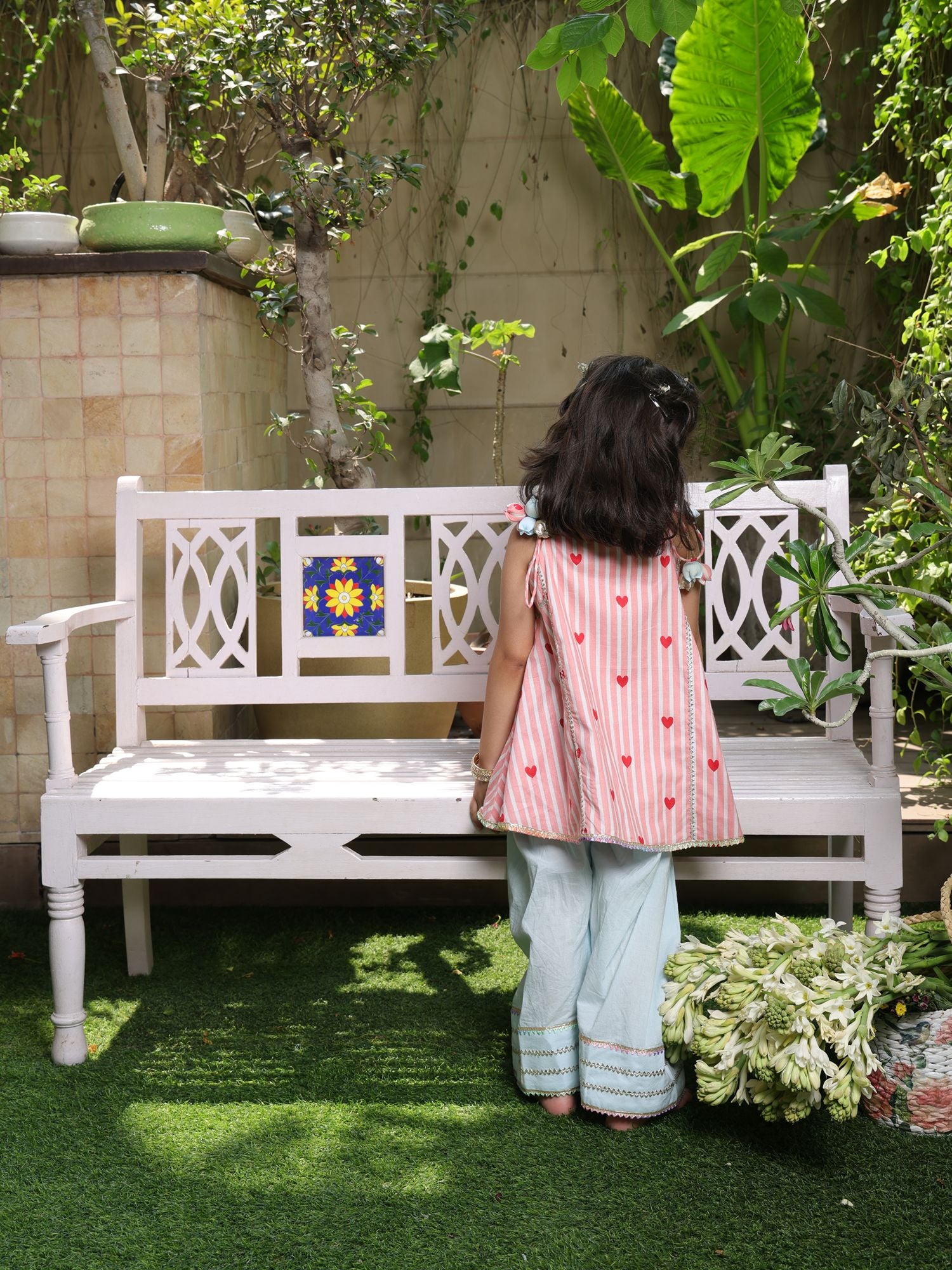 Peach Printed Kurti with Blue Farshi Salwar
