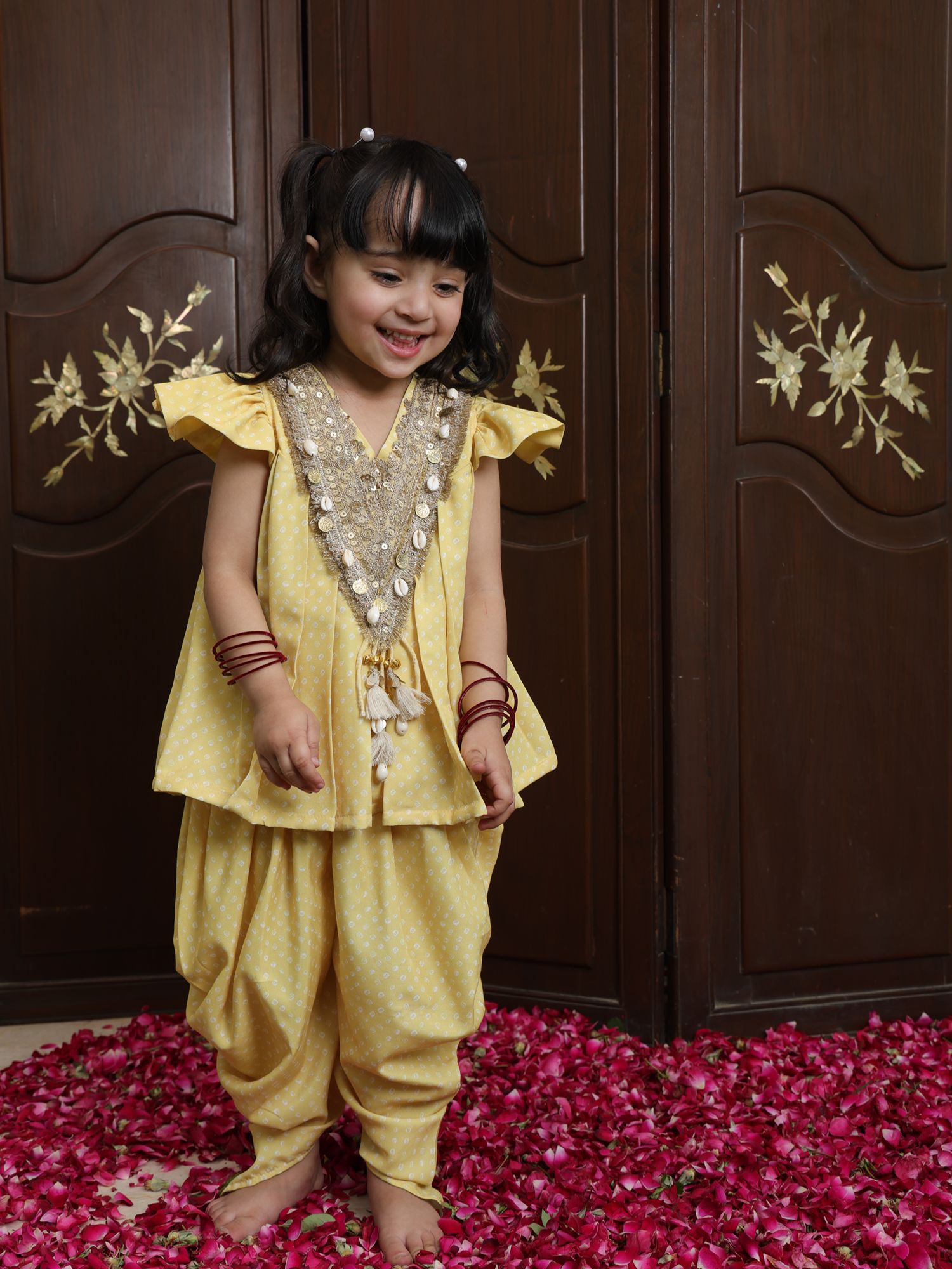 Yellow Bandhej Kurti with Dhoti