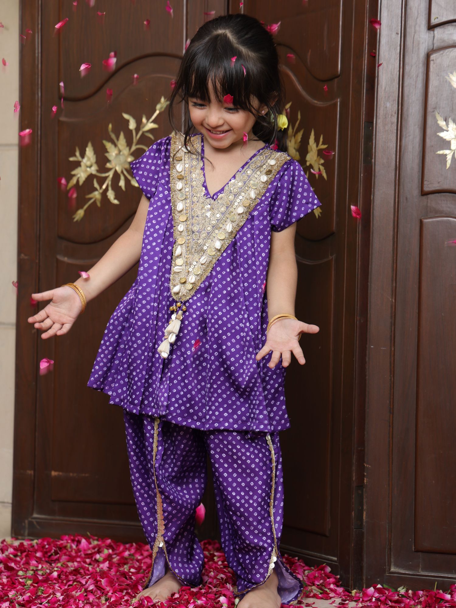 Purple Bandhej Kurti with Dhoti