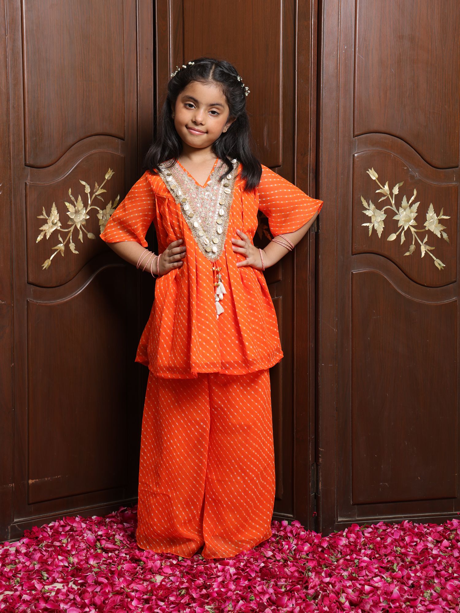 Orange Bandhej Kurti with Sharara