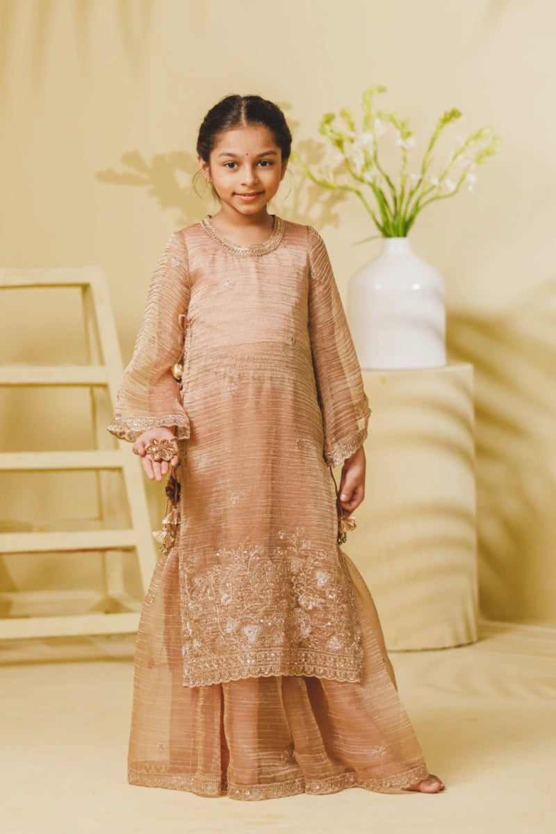 Peach Tissue Embroidery Long Kurti with Sharara