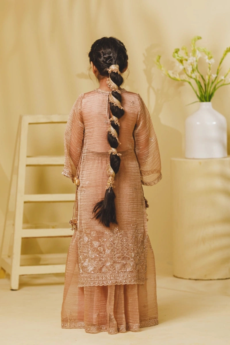 Peach Tissue Embroidery Long Kurti with Sharara