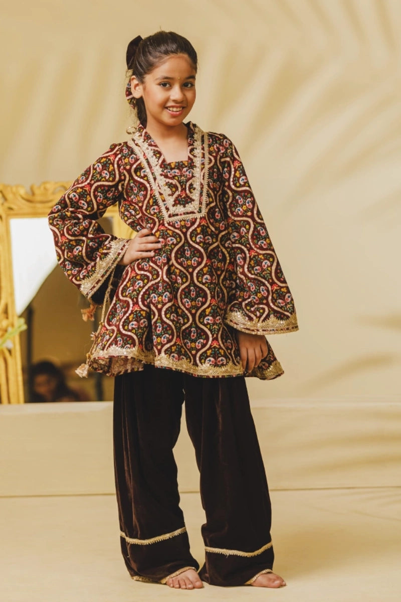 Brown Printed Velvet Kurti with Salwar