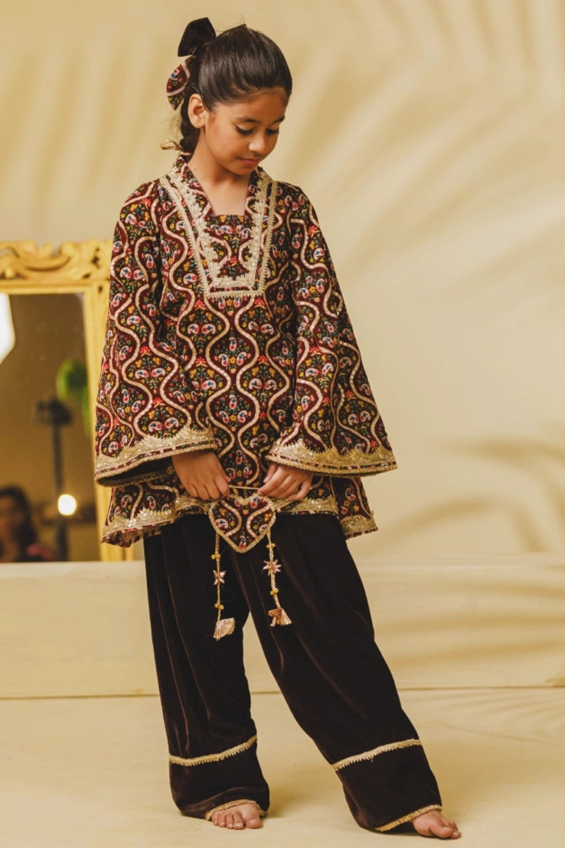 Brown Printed Velvet Kurti with Salwar