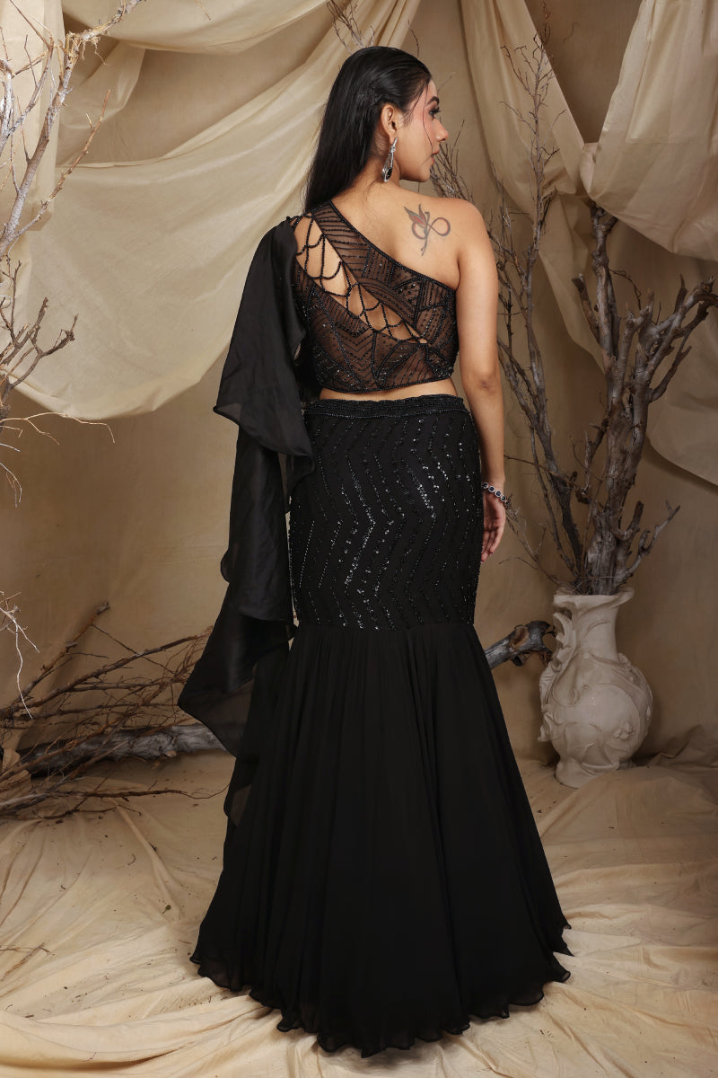 Black Mermaid Lehenga With One Shoulder Blouse