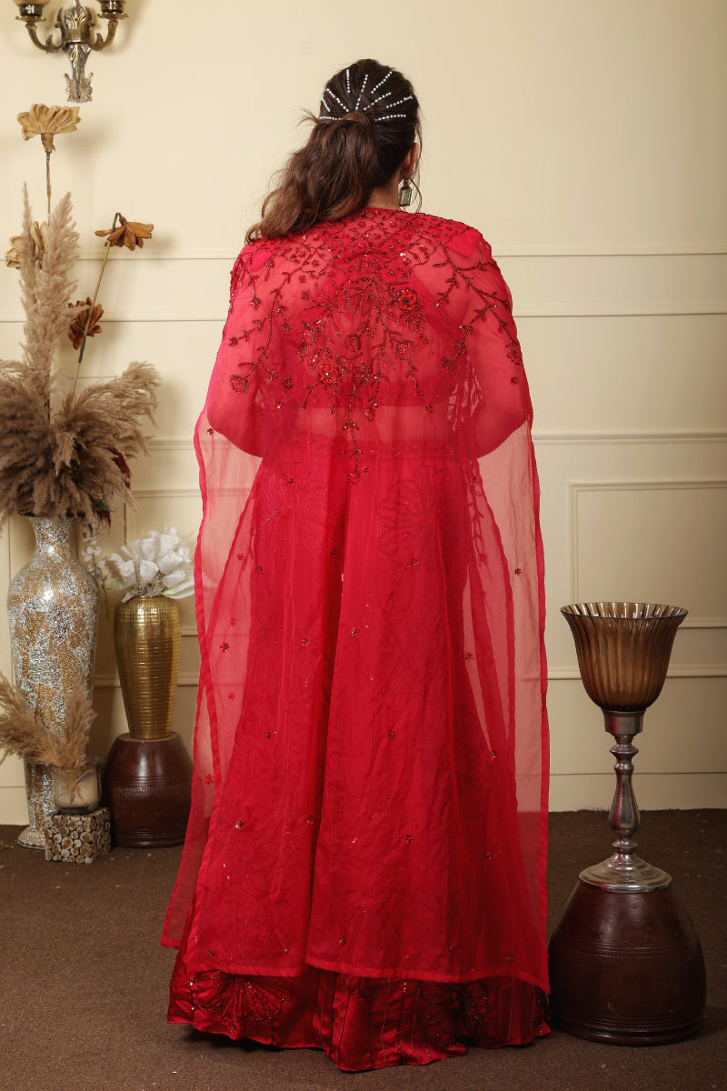 Red Fishcut Lehenga With Shoulder Cape