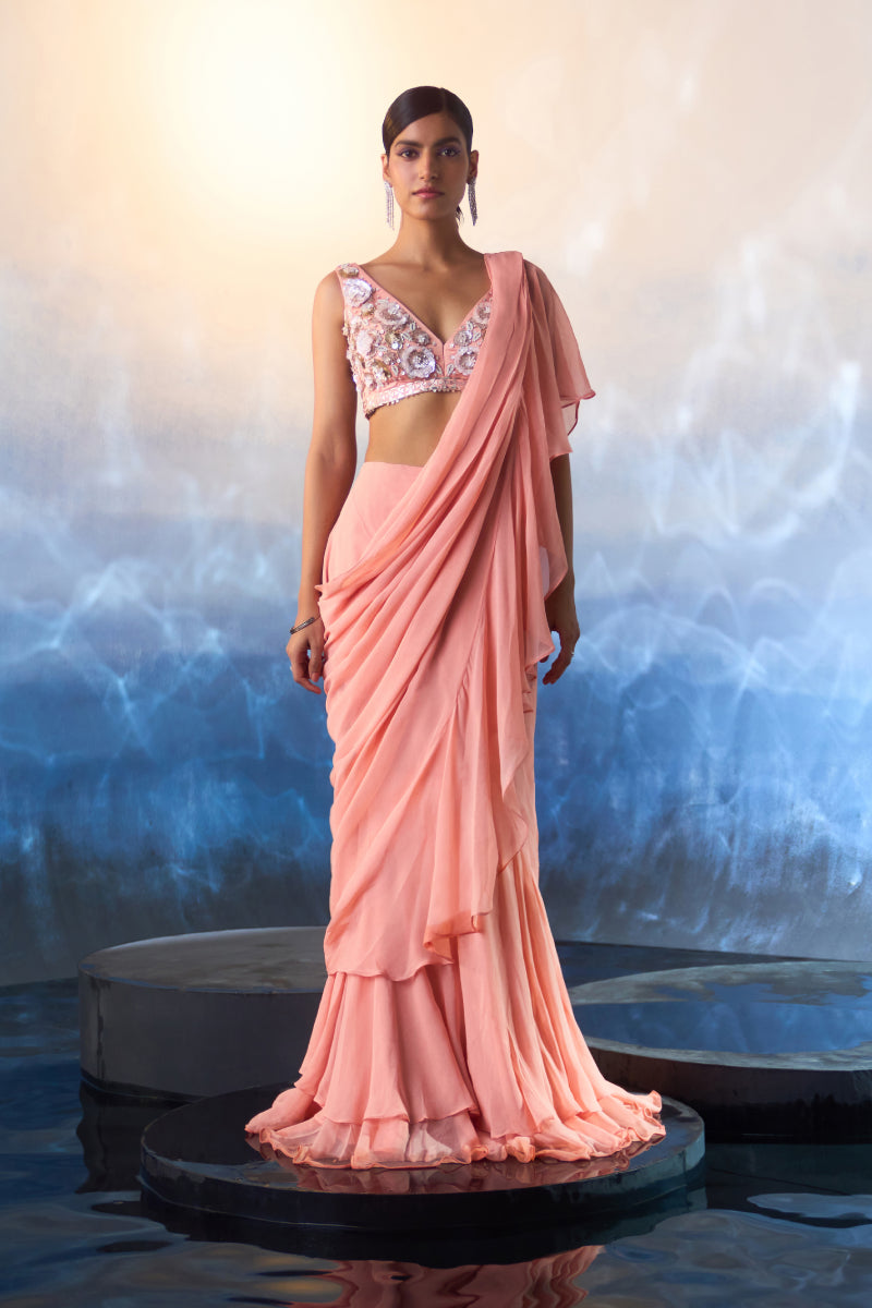 Peach Georgette Drape Saree