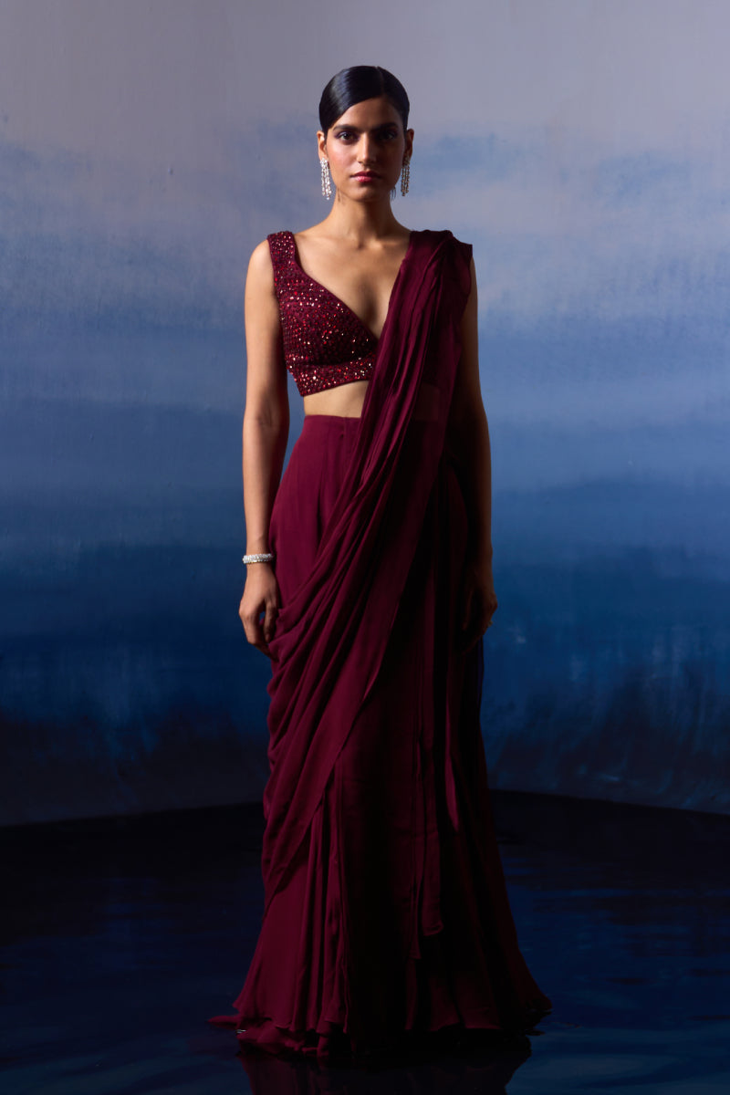 Burgundy Drape Saree