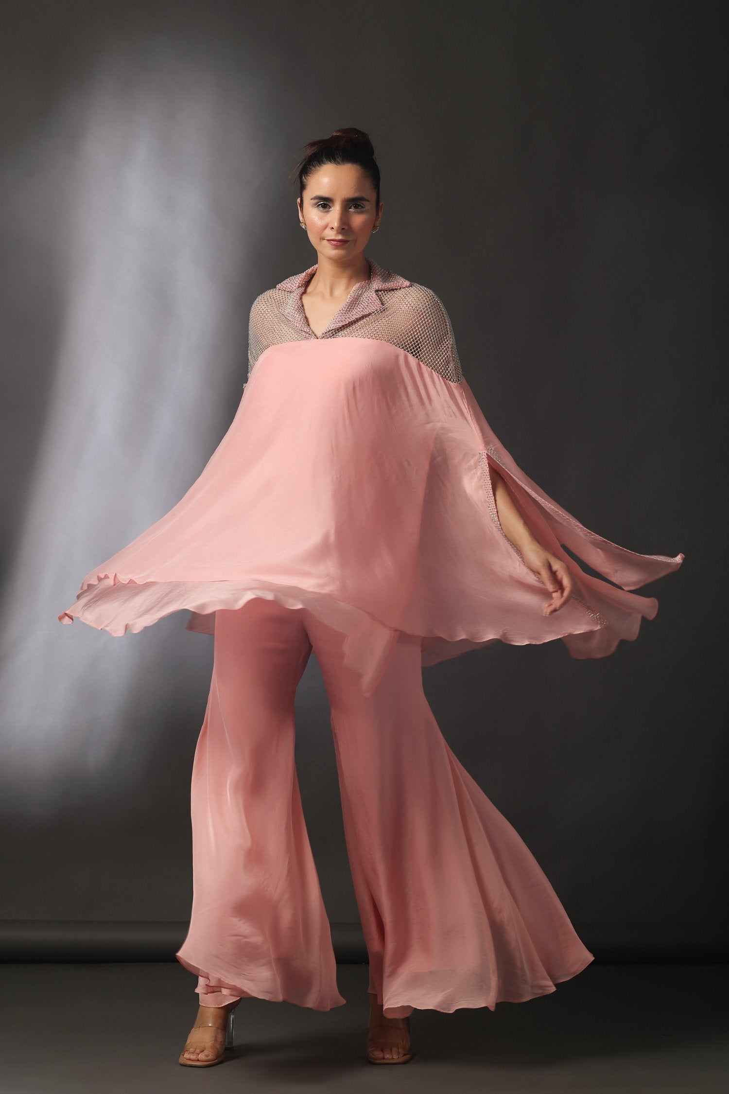 Cape Tunic With Flared Pants In Salmon Pink