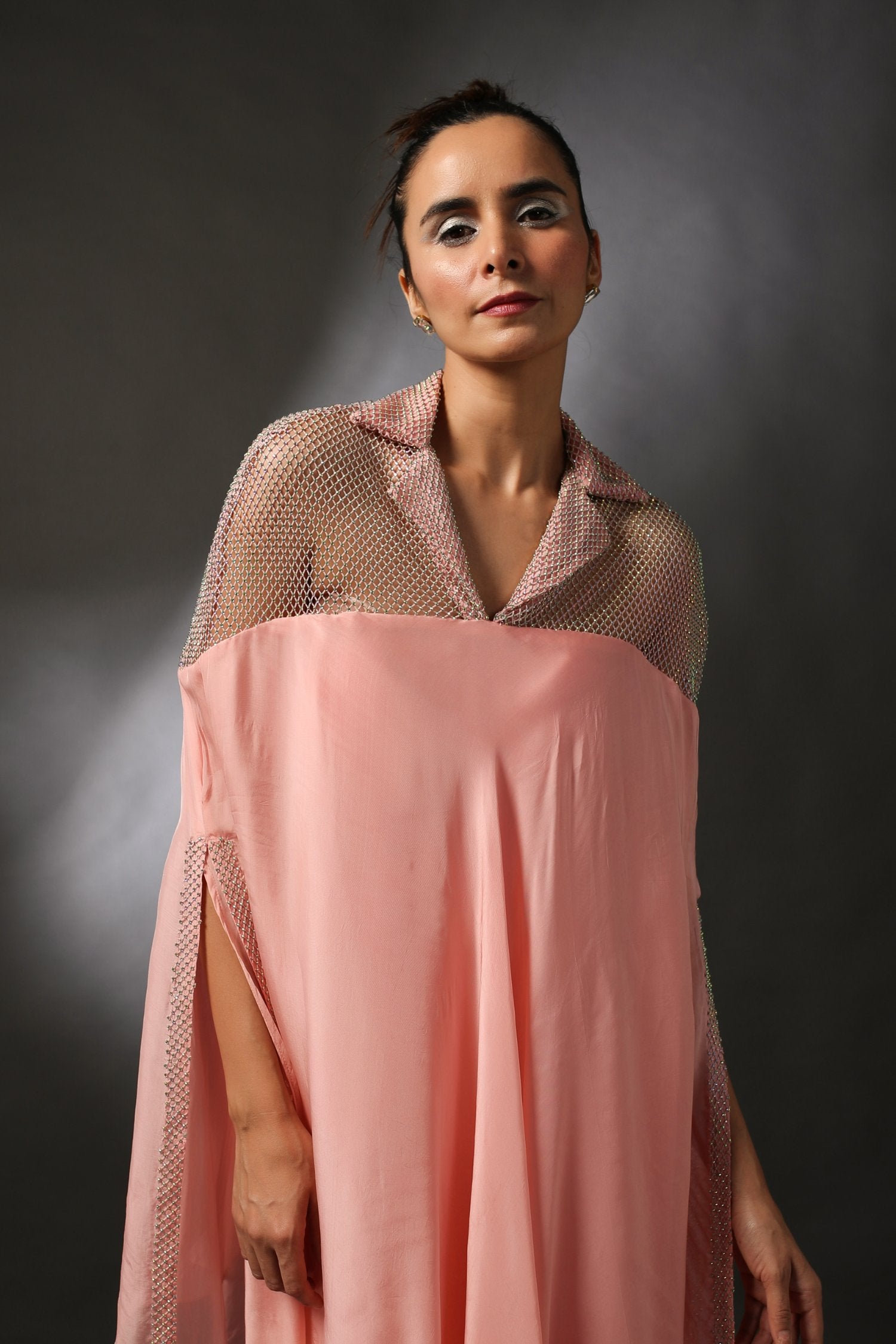 Cape Tunic With Flared Pants In Salmon Pink