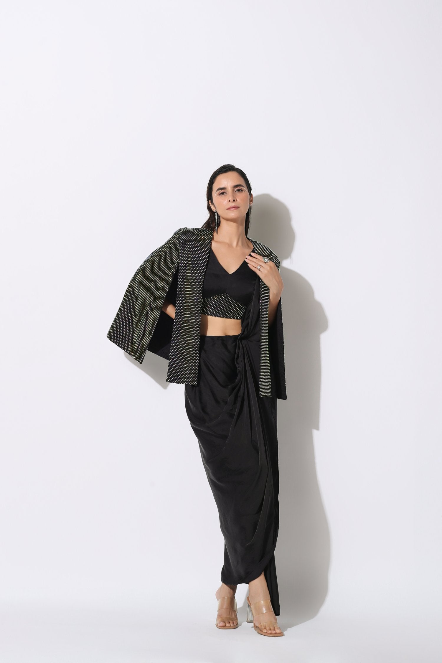 Pre-Draped Saree With A Rhinestone Cape