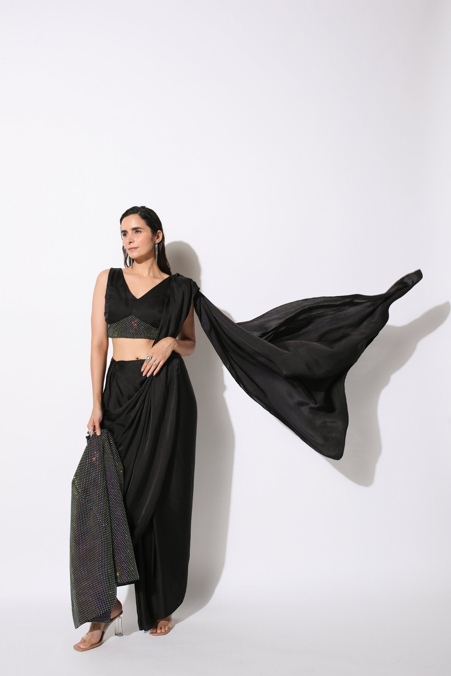 Pre-Draped Saree With A Rhinestone Cape