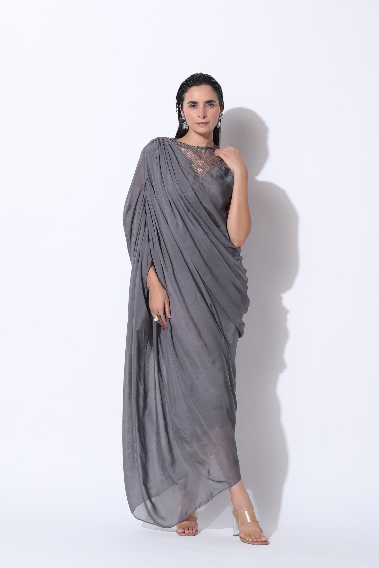Pre-Draped Saree Gown In Cool Grey