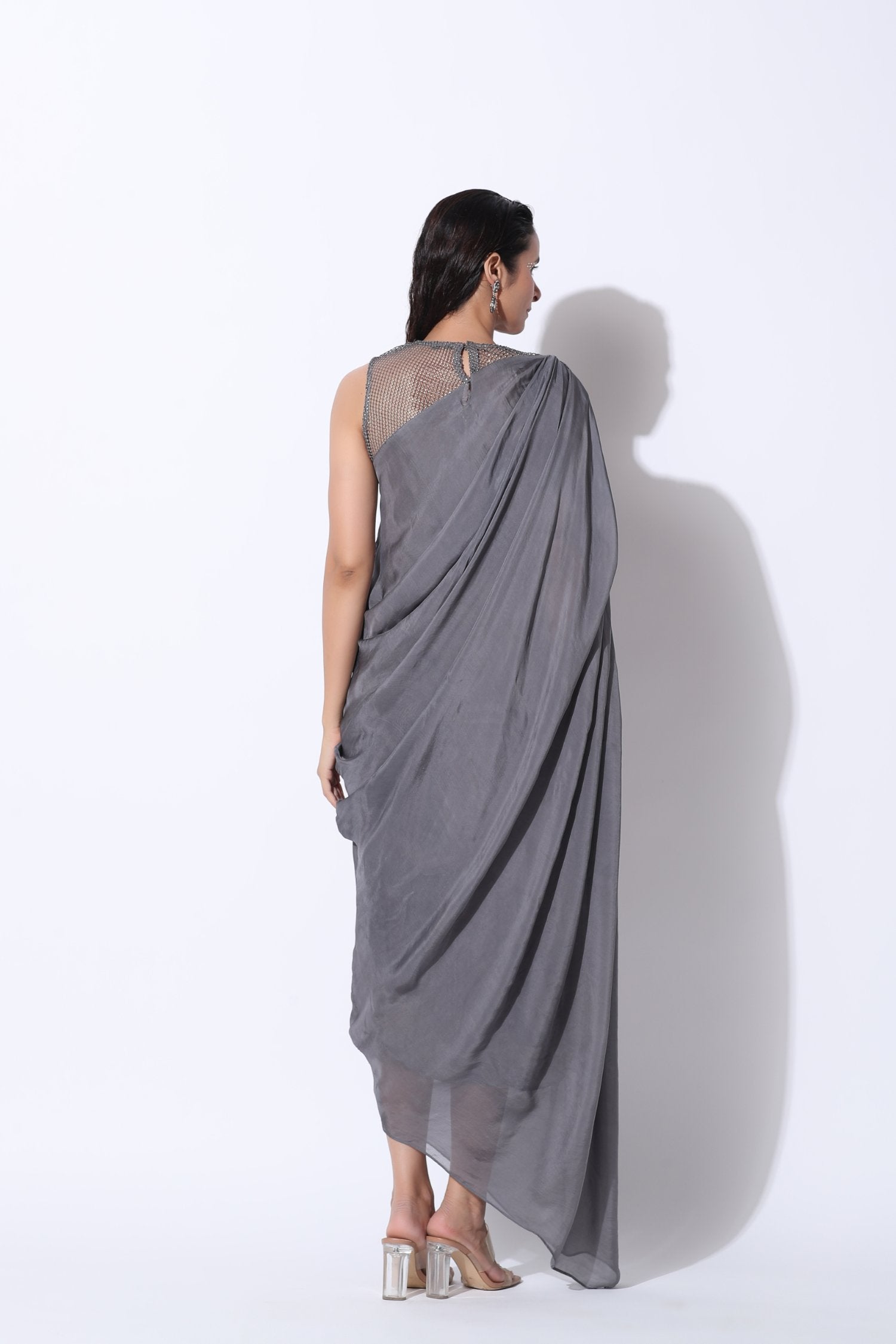 Pre-Draped Saree Gown In Cool Grey