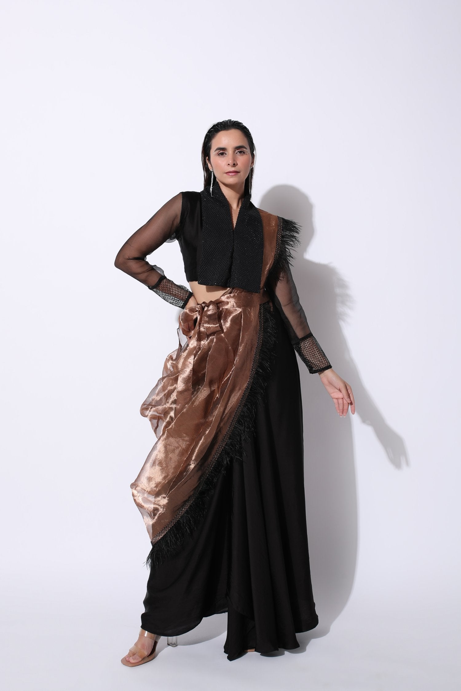 Black Predraped Saree With A Tissue Drape
