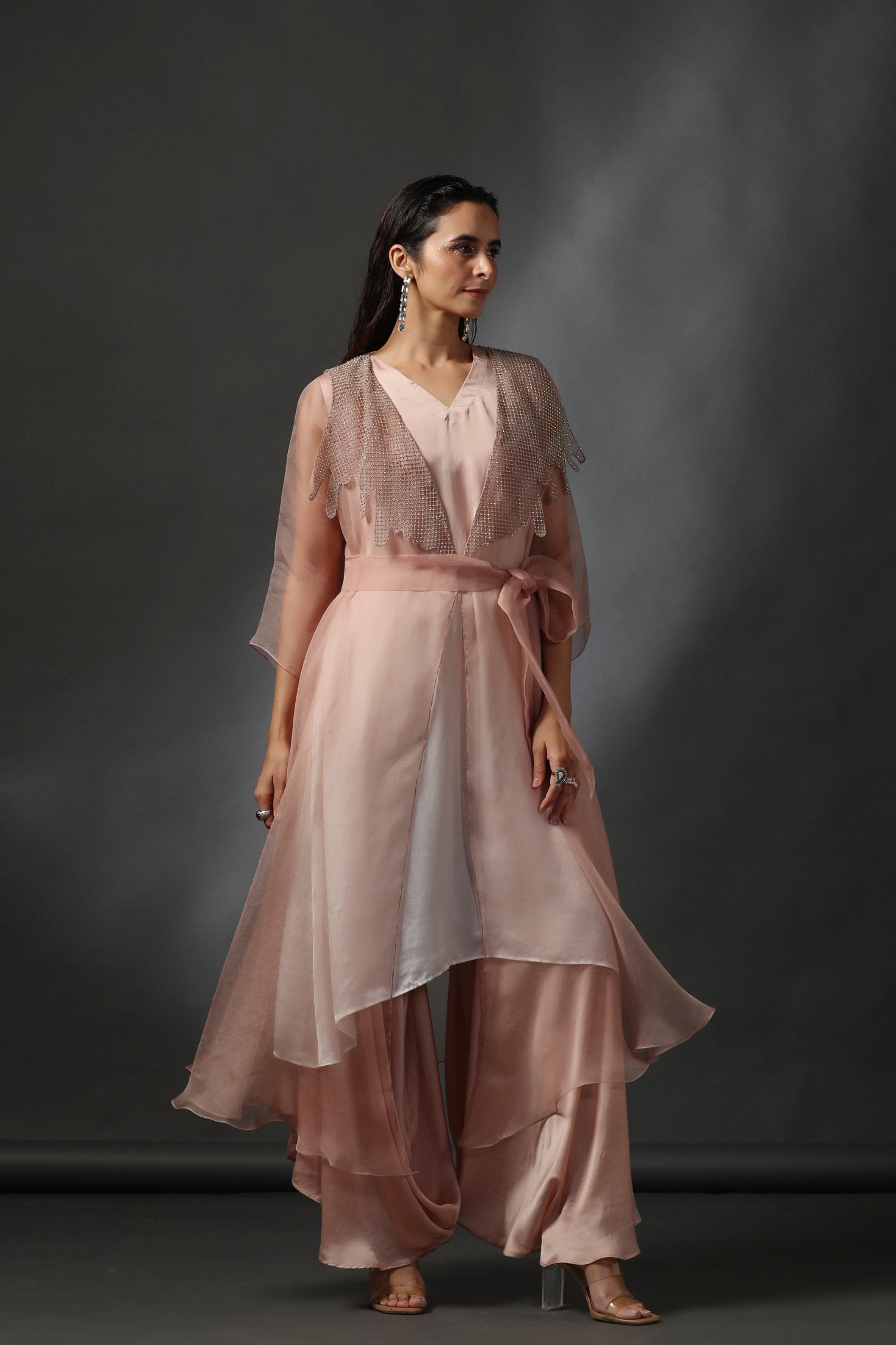 Nude Organza Shrug With Tunic And Pants