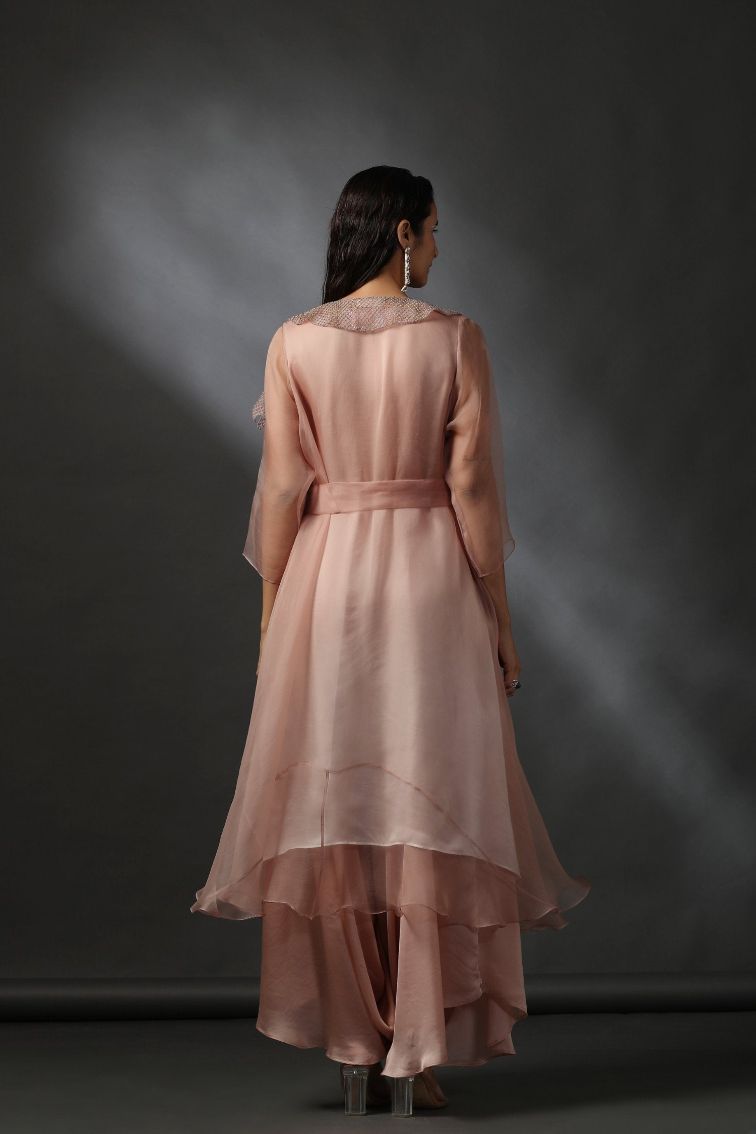Nude Organza Shrug With Tunic And Pants