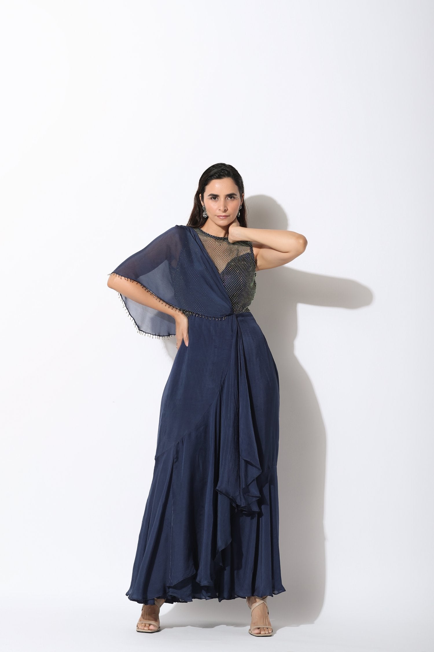 Free Flowing Gown In Navy Blue