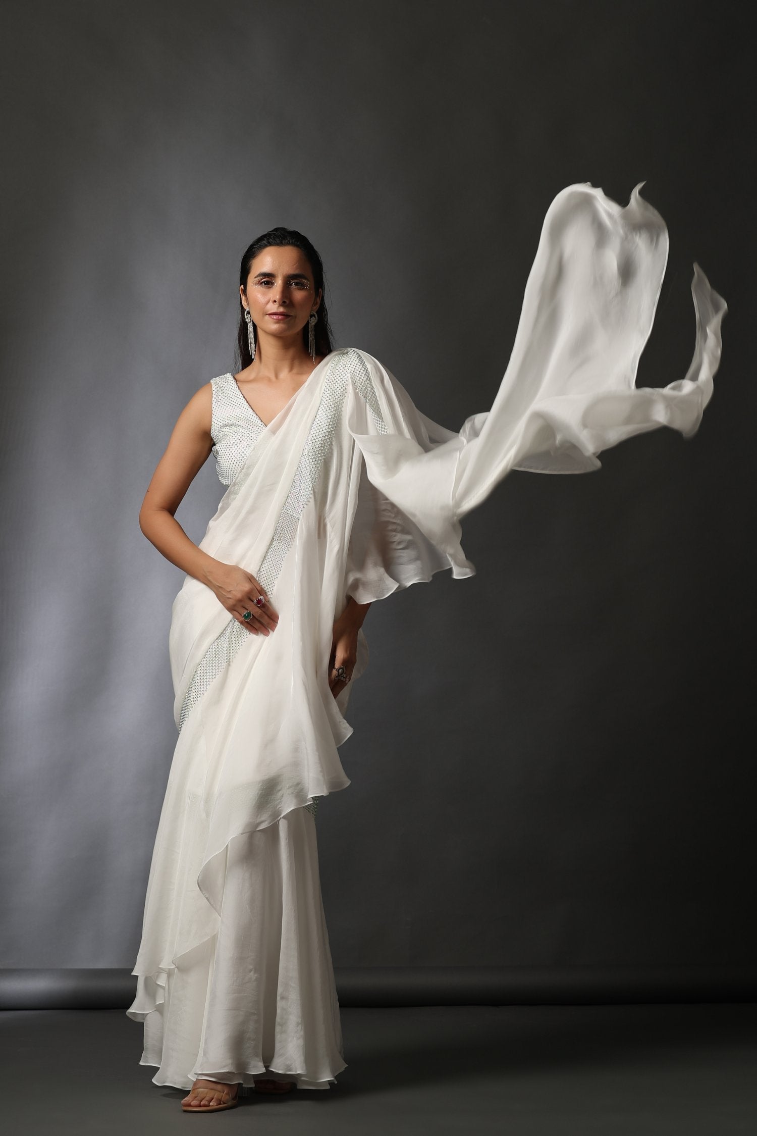 Ivory Ruffle Saree With Rhinestone Detailing
