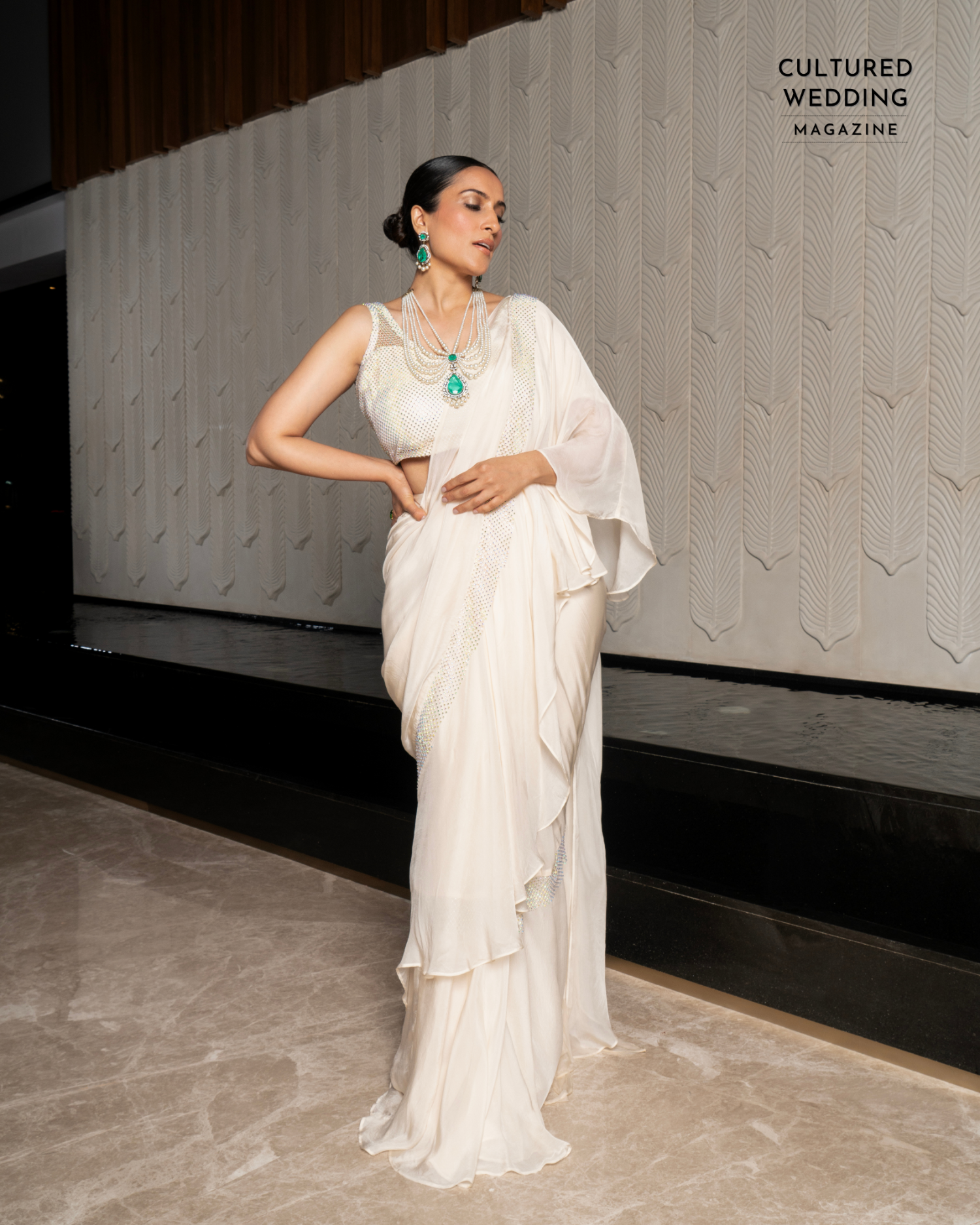 Ivory Ruffle Saree With Rhinestone Detailing