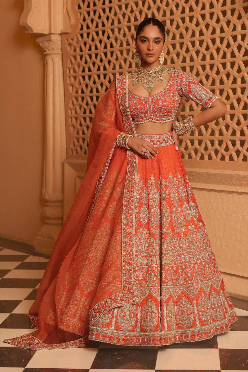 Faizah - Orange Lehenga with Blouse and Dupatta