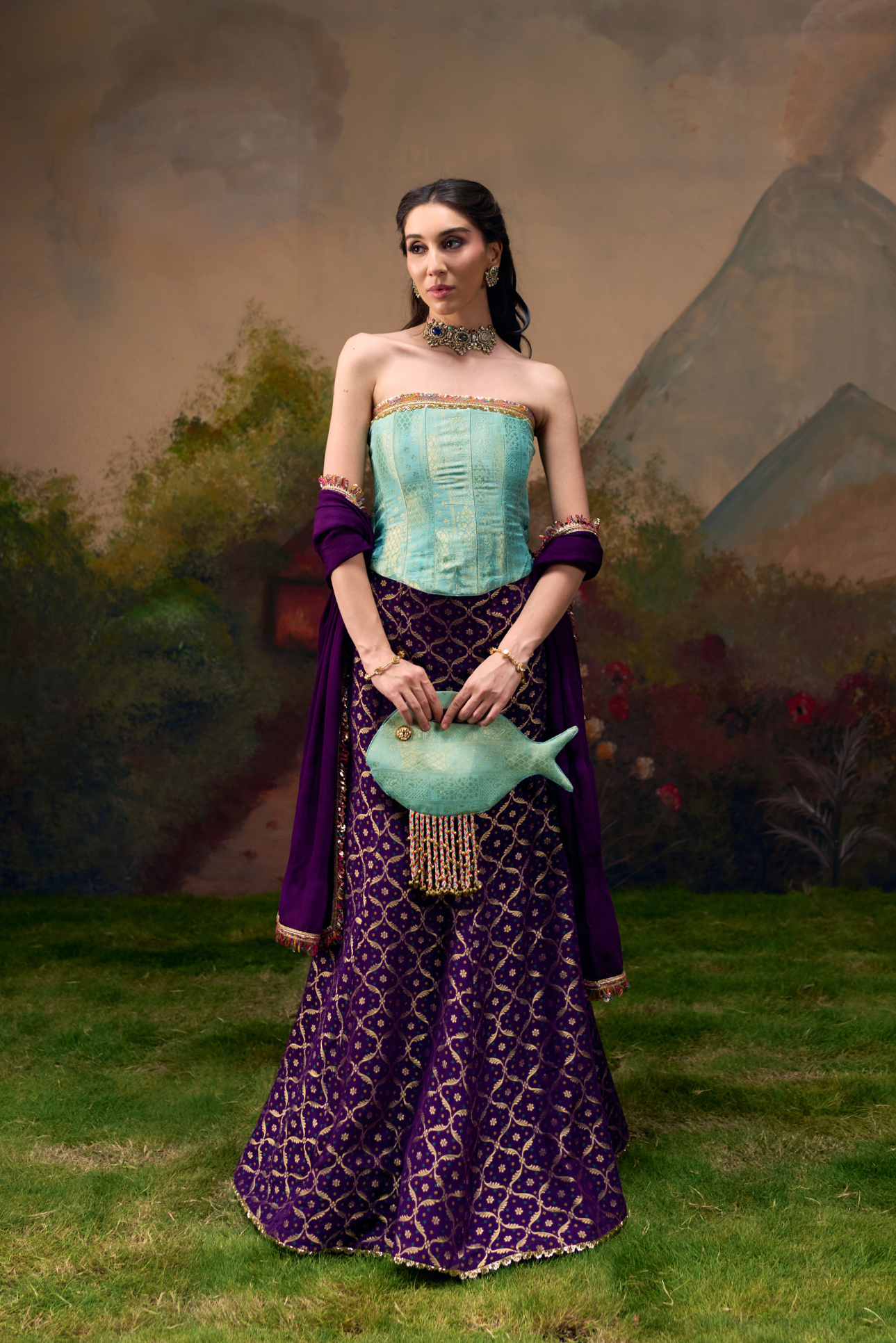 Naad Reet- Purple Fishcut Lehenga Set with Aqua Blue Corset