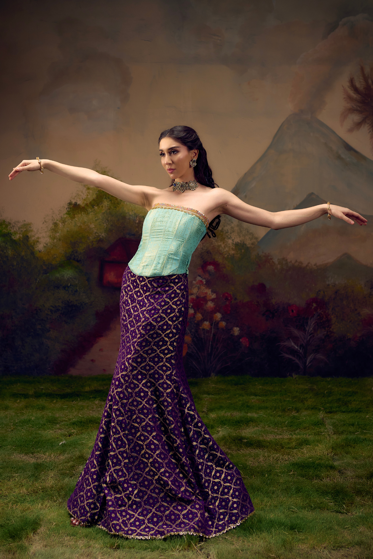 Naad Reet- Purple Fishcut Lehenga Set with Aqua Blue Corset
