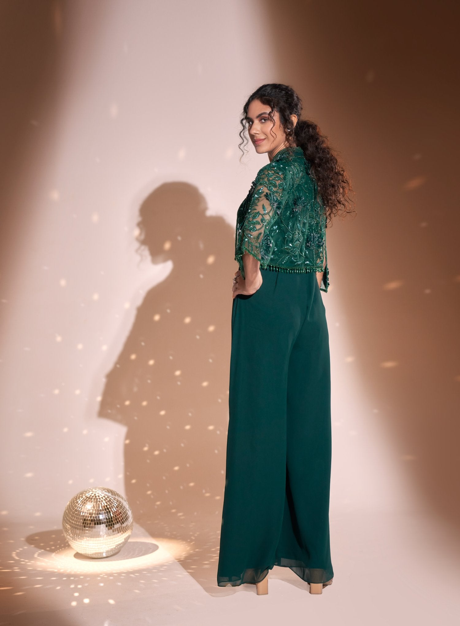 Flare Jumpsuit With Embroidered Sheer Cape