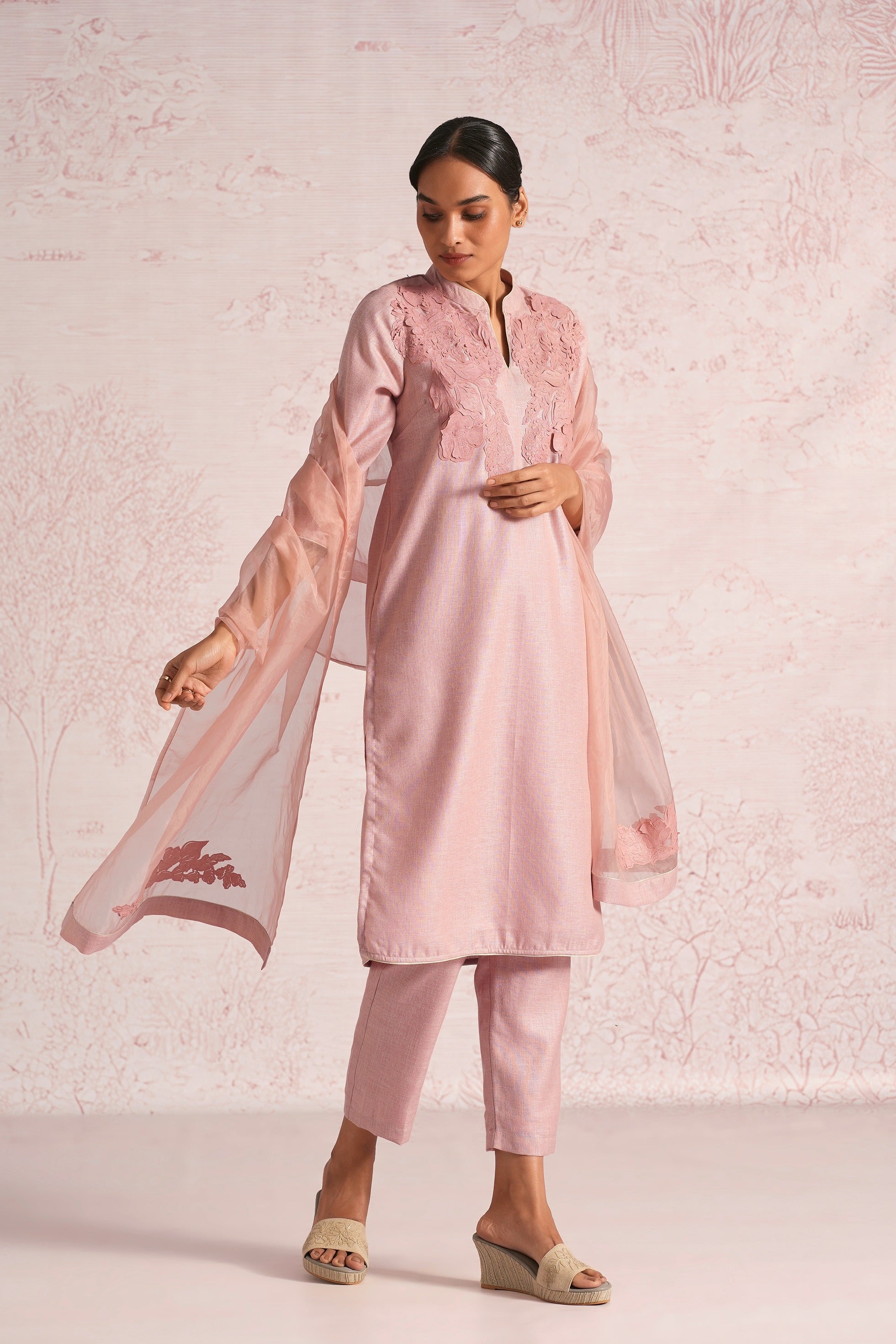 Floral Shadows Kurta Set - Blush
