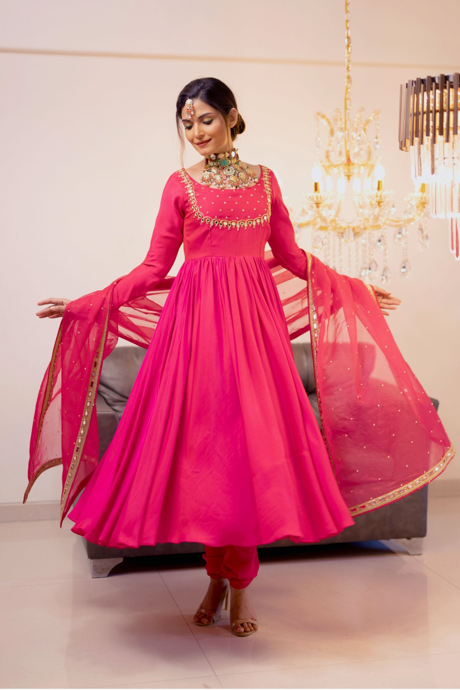 Magenta Gathered Kurta Set