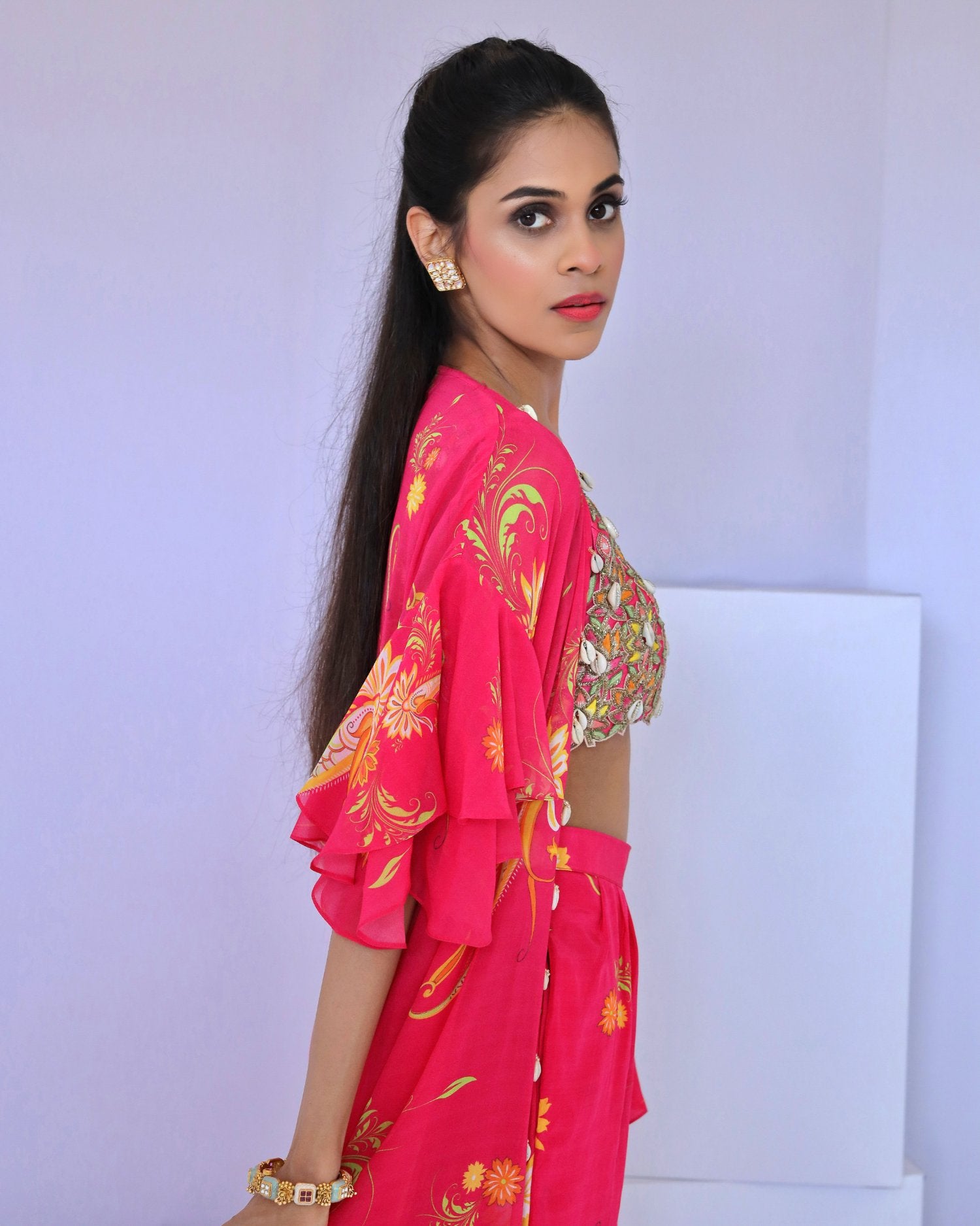 Pink Printed Dhoti Pant with Cape Set