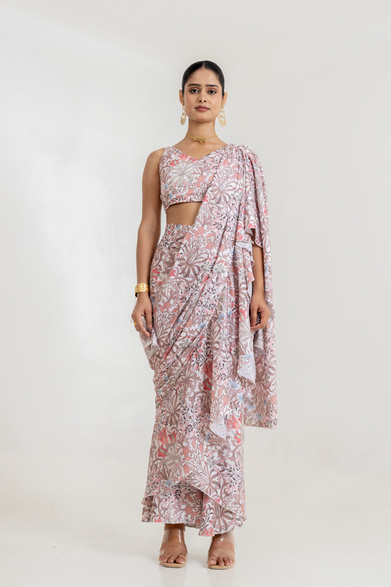 White Garden Tiered Saree Set