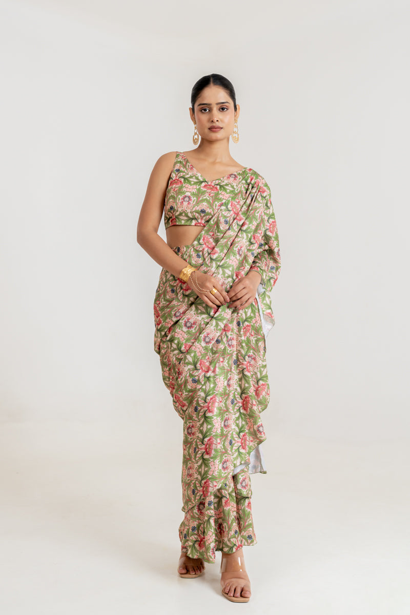 Regal Green Tiered Saree Set