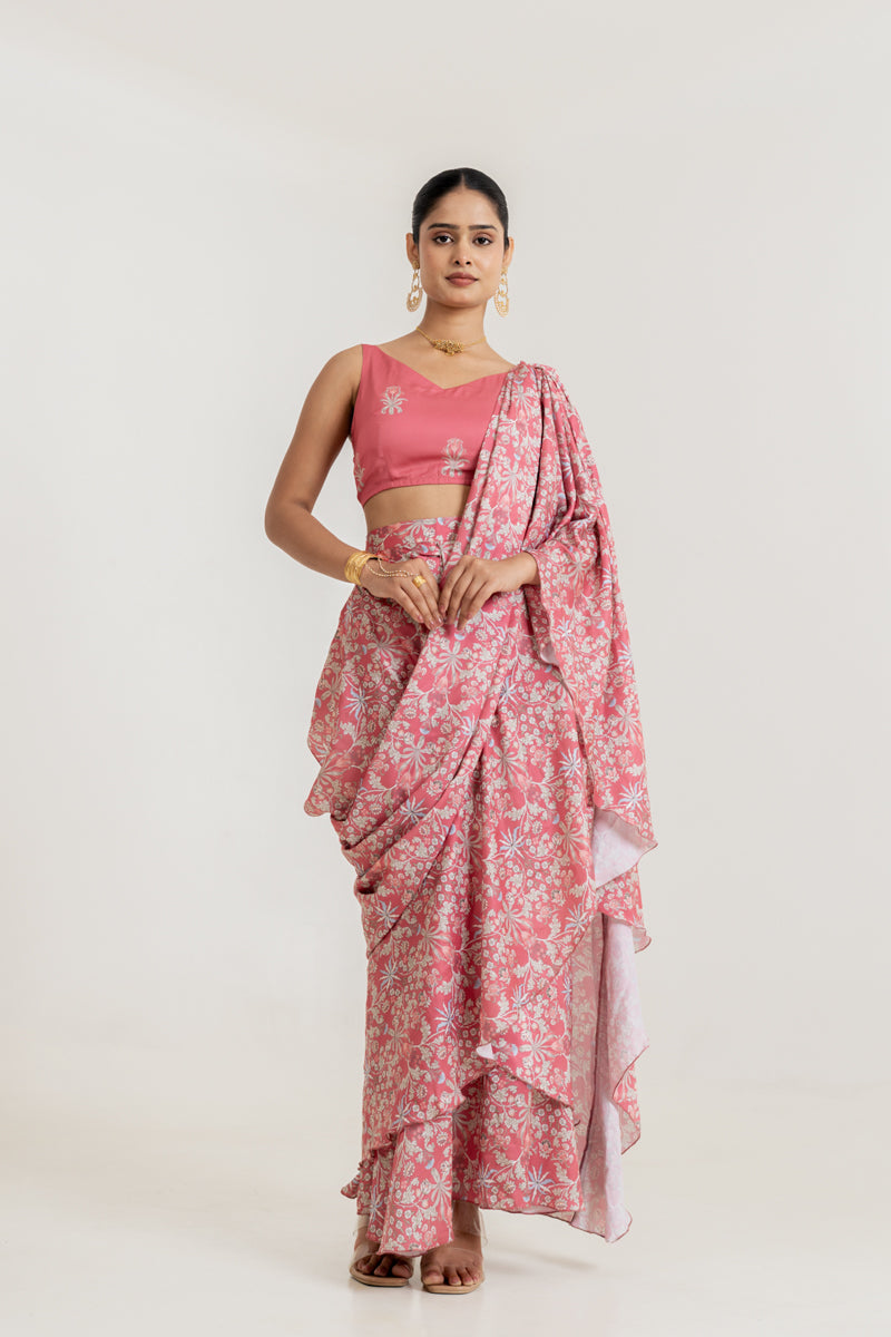 Dusty Rose Tiered Saree Set